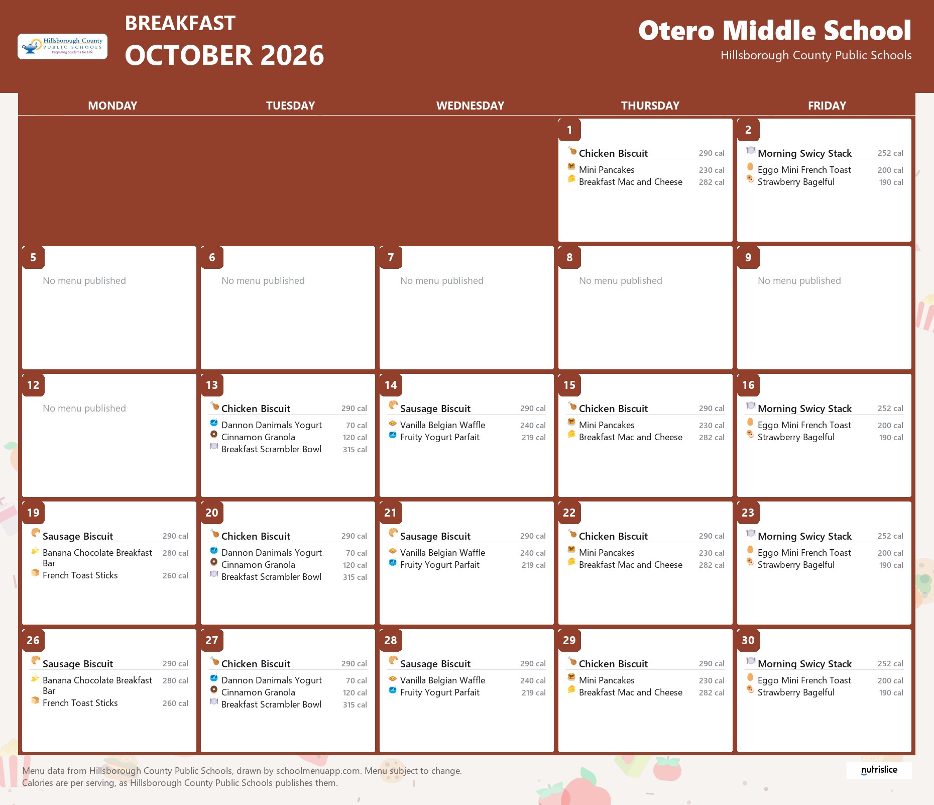 Otero Middle School breakfast menu for October 2026 &mdash; Hillsborough County Public Schools