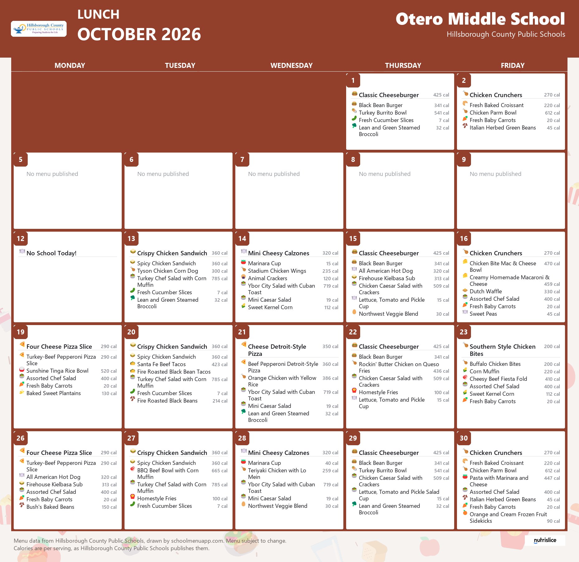 Otero Middle School lunch menu for October 2026 &mdash; Hillsborough County Public Schools