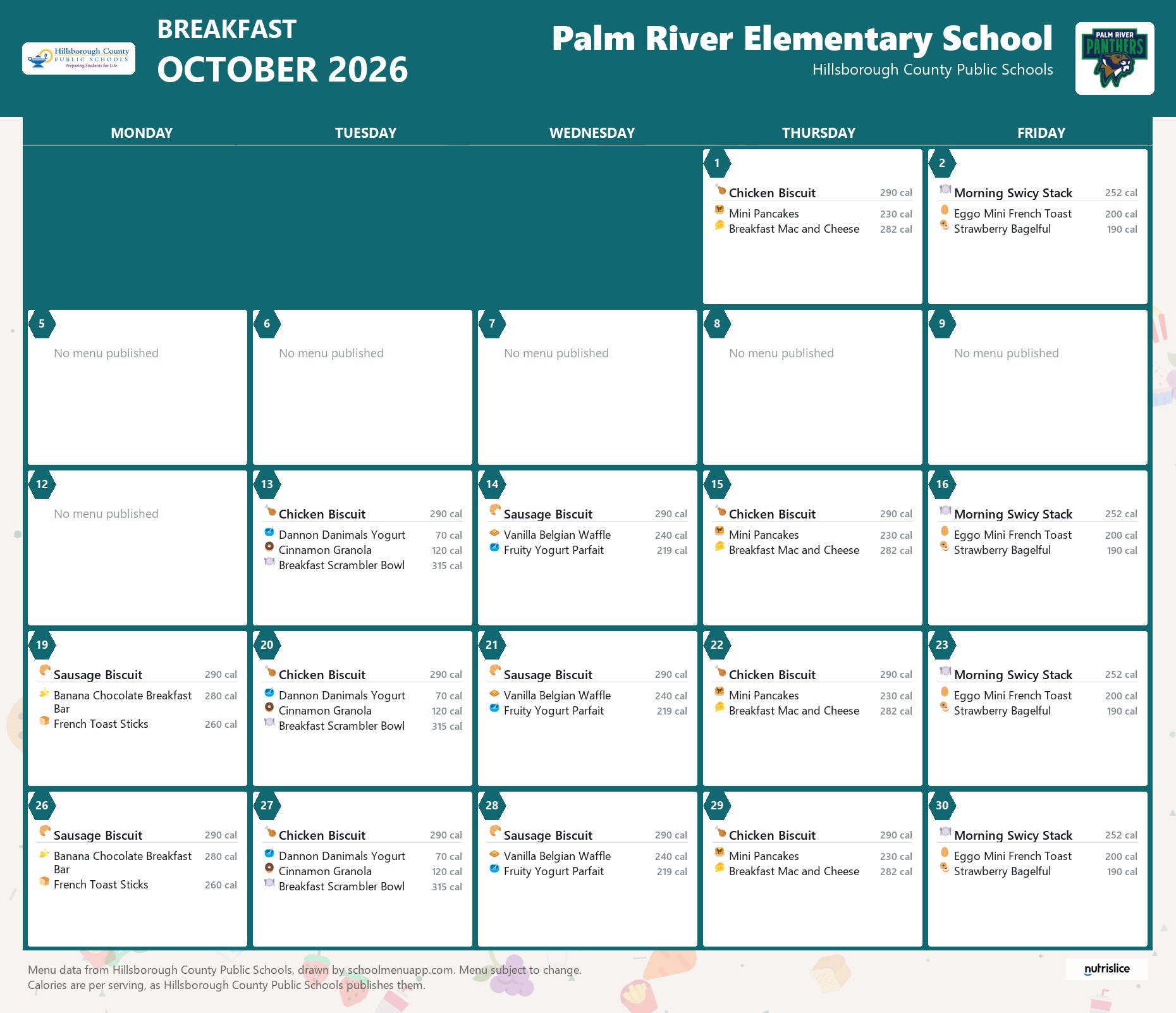 Palm River Elementary School breakfast menu for October 2026 &mdash; Hillsborough County Public Schools