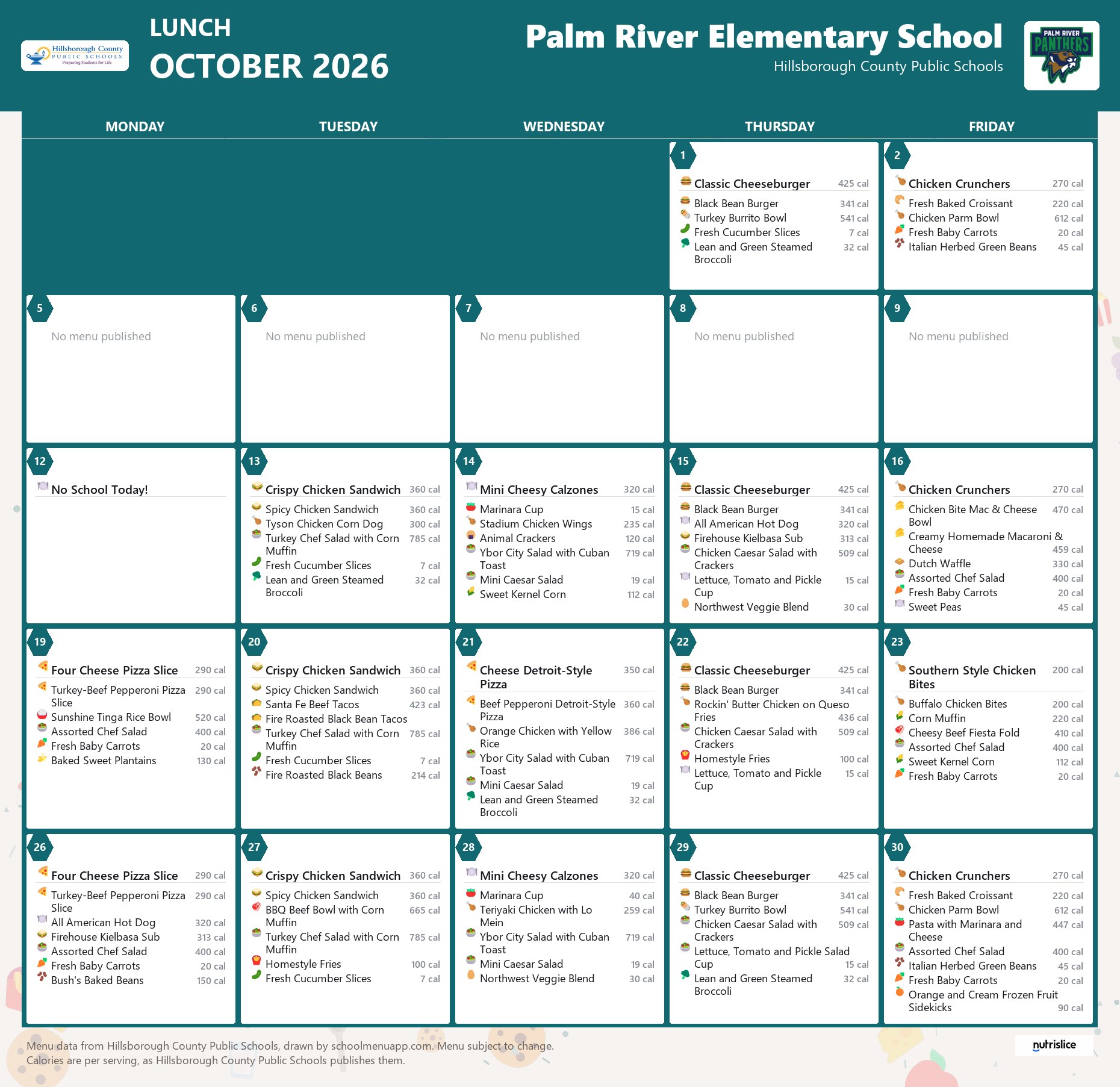 Palm River Elementary School lunch menu for October 2026 &mdash; Hillsborough County Public Schools