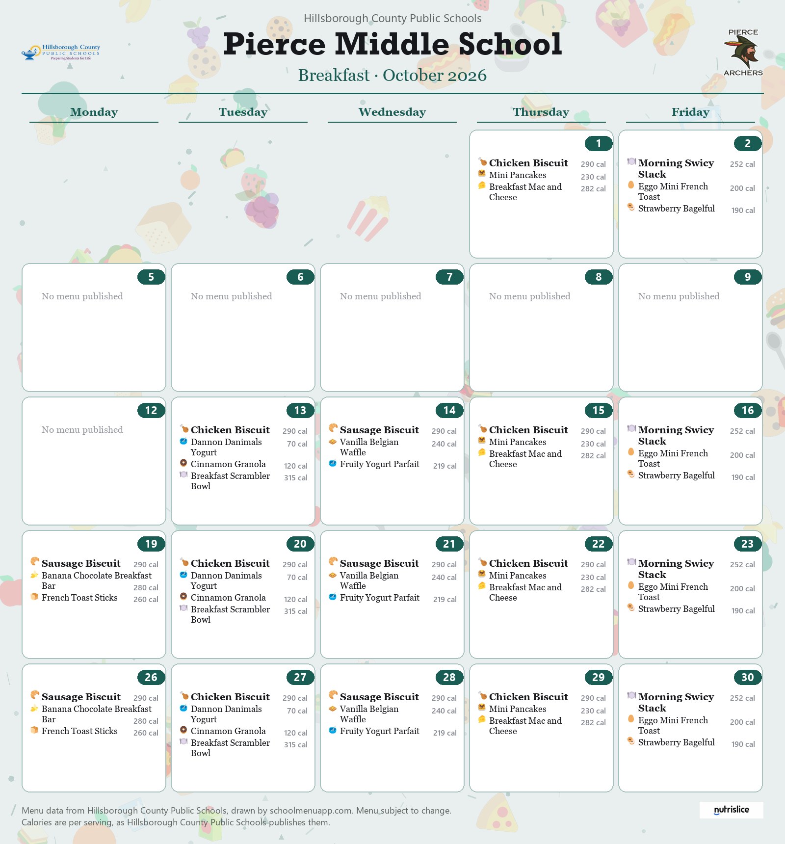 Pierce Middle School breakfast menu for October 2026 &mdash; Hillsborough County Public Schools