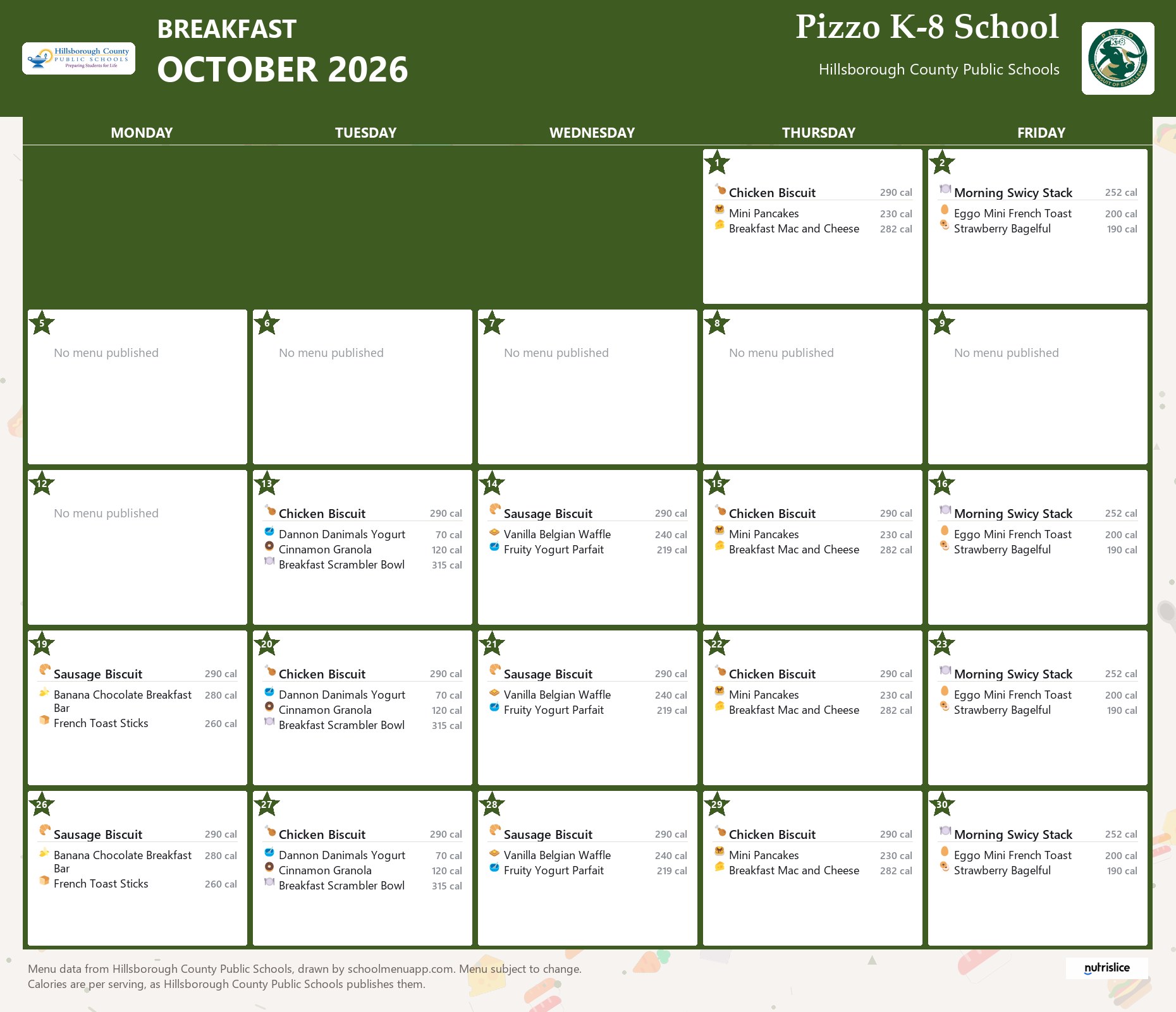 Pizzo K-8 School breakfast menu for October 2026 &mdash; Hillsborough County Public Schools
