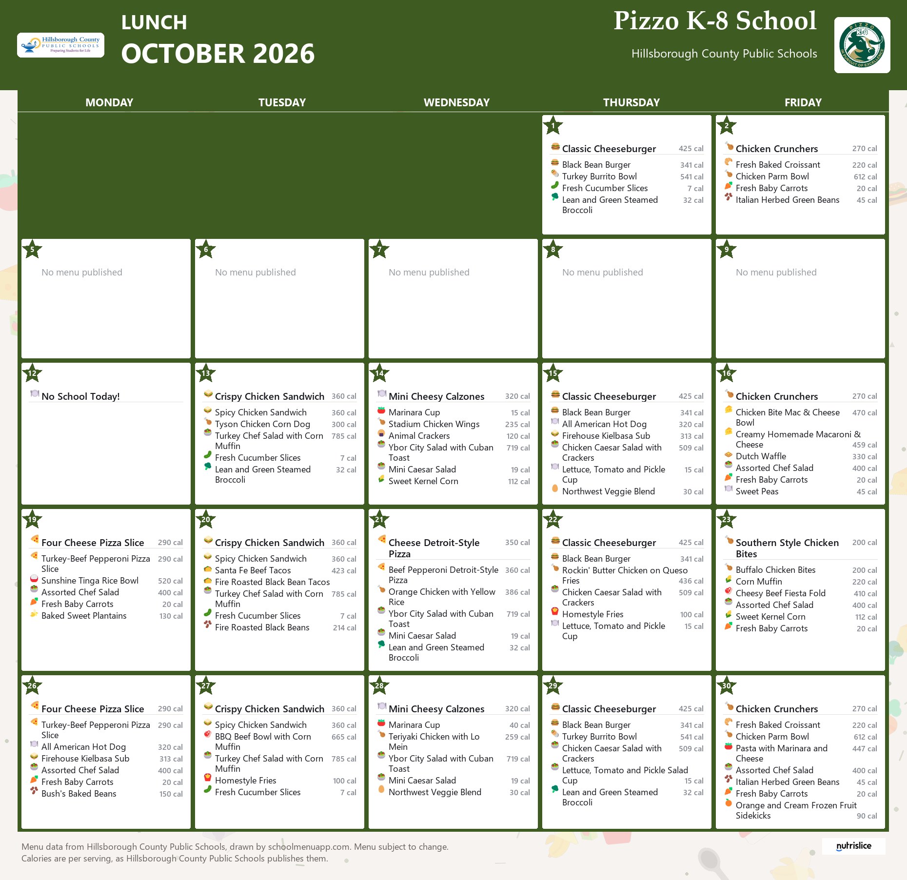 Pizzo K-8 School lunch menu for October 2026 &mdash; Hillsborough County Public Schools