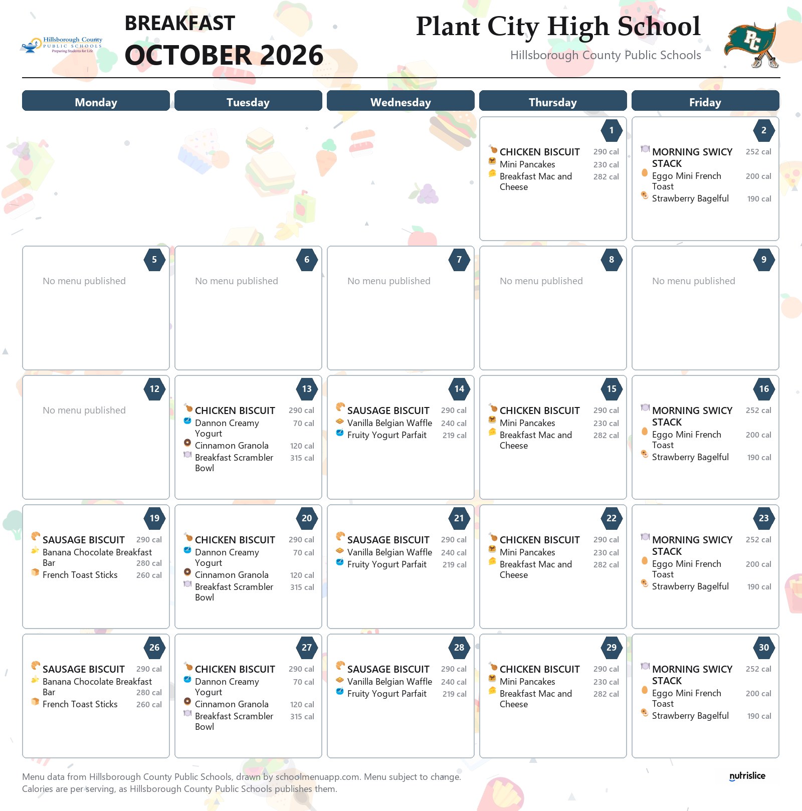 Plant City High School breakfast menu for October 2026 &mdash; Hillsborough County Public Schools