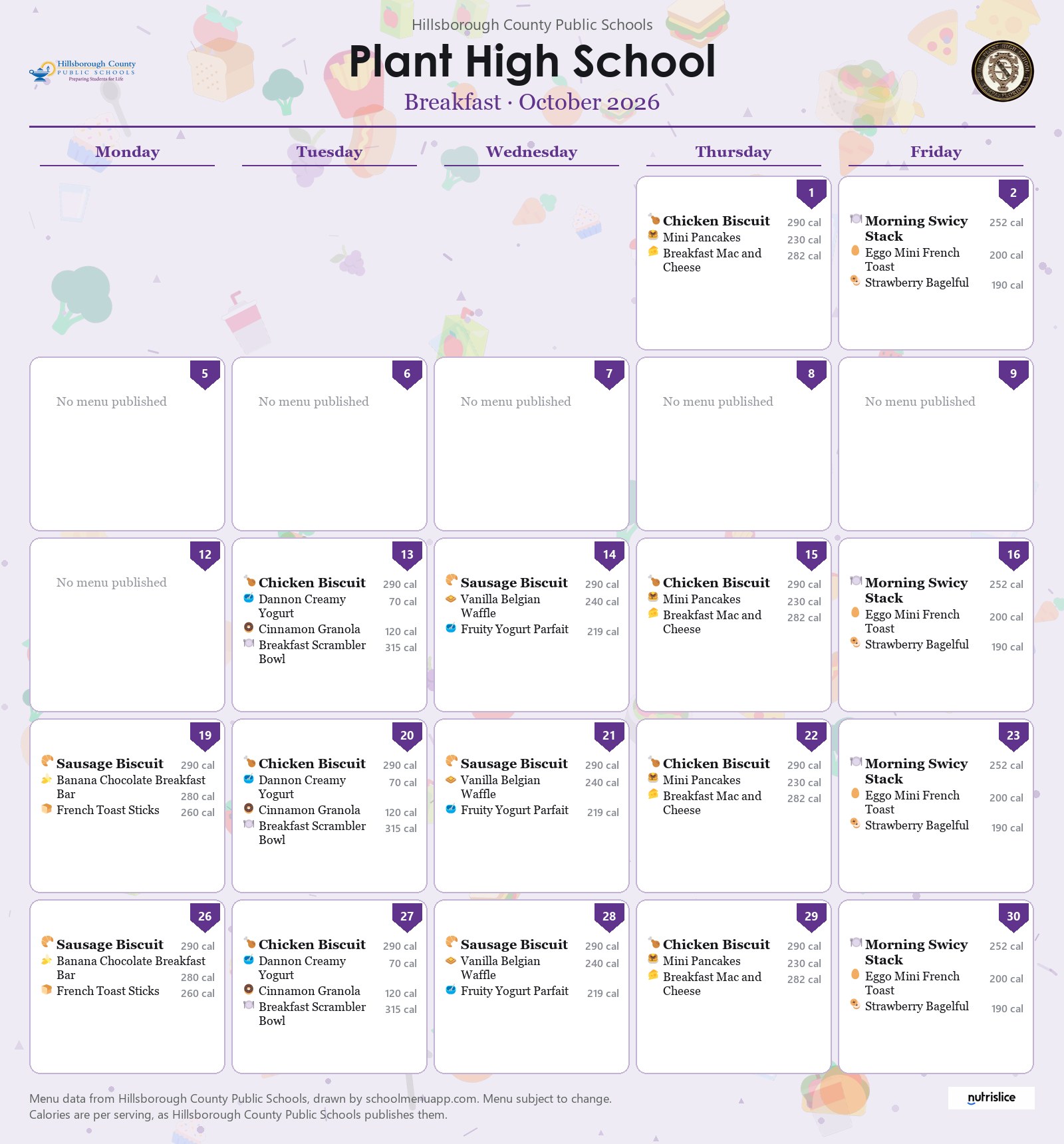 Plant High School breakfast menu for October 2026 &mdash; Hillsborough County Public Schools