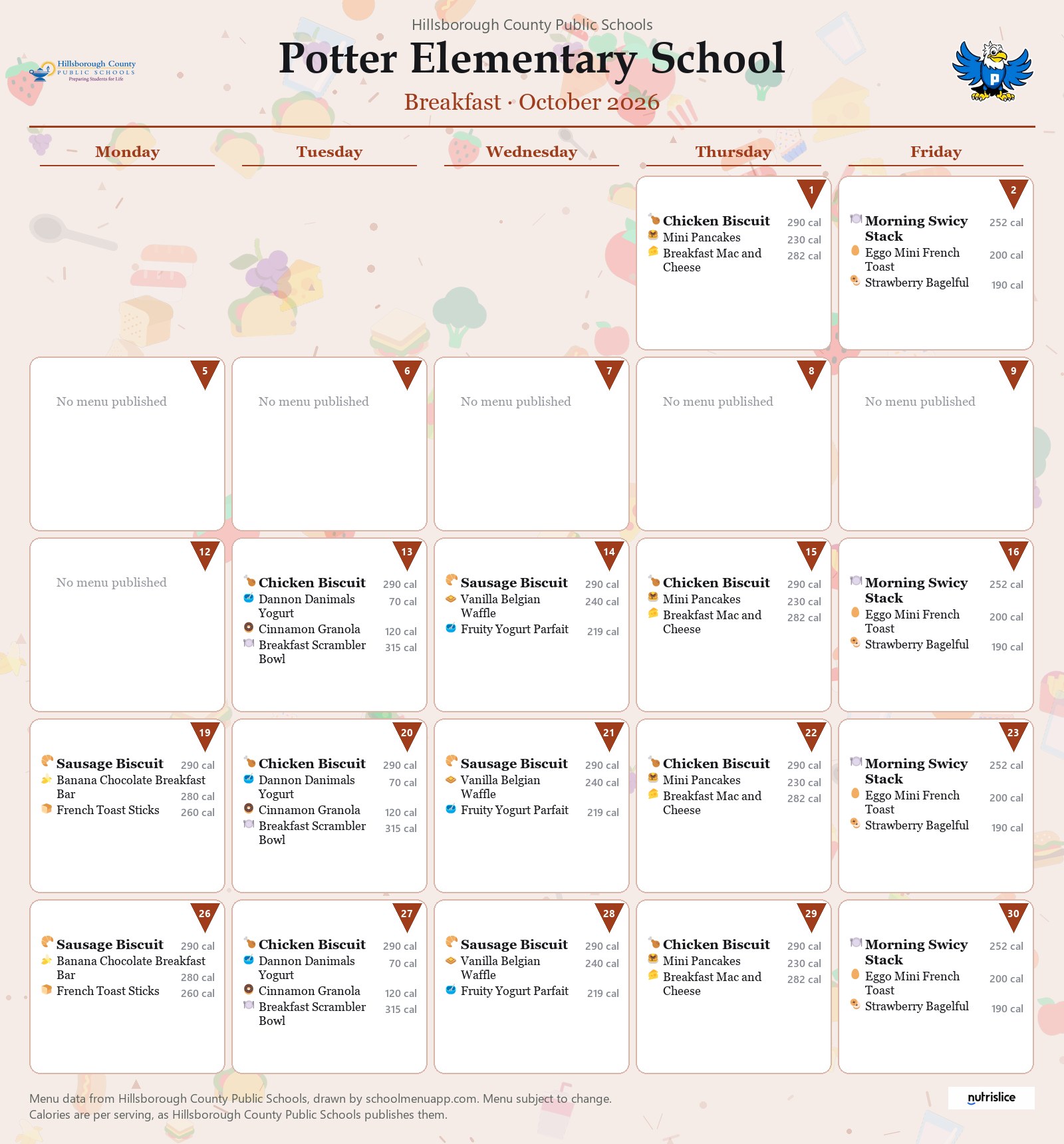Potter Elementary School breakfast menu for October 2026 &mdash; Hillsborough County Public Schools