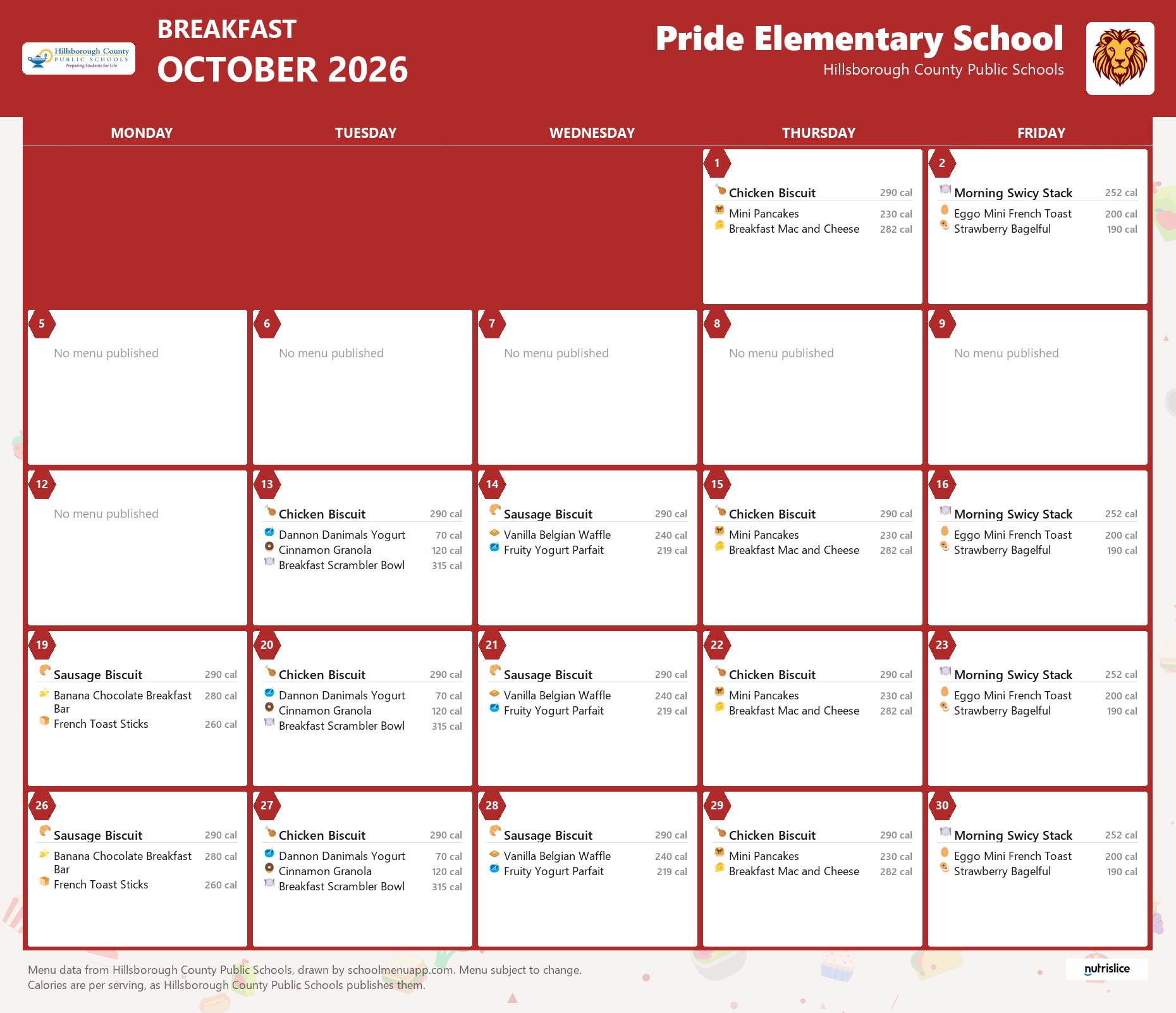 Pride Elementary School breakfast menu for October 2026 &mdash; Hillsborough County Public Schools