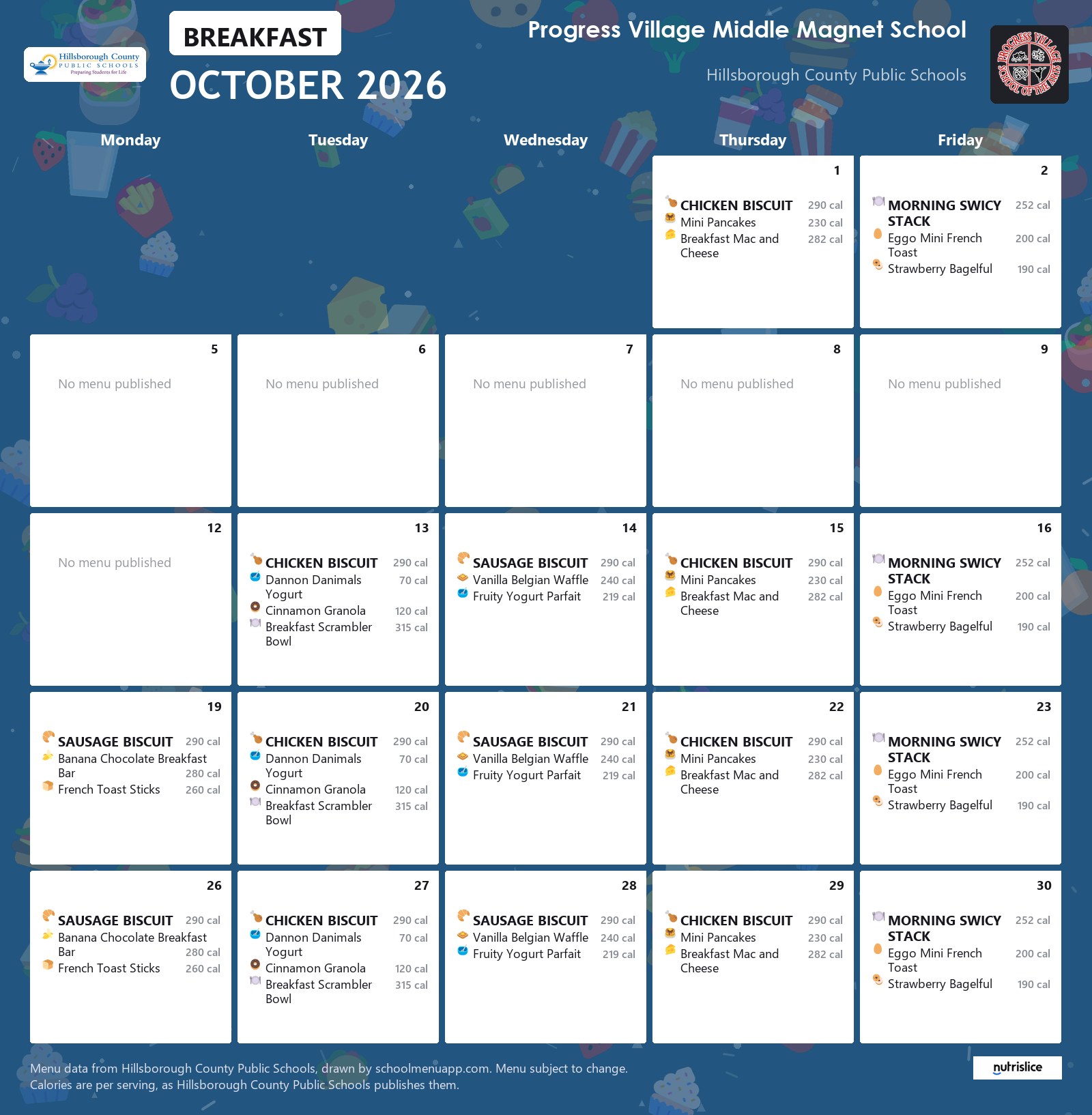 Progress Village Middle Magnet School breakfast menu for October 2026 &mdash; Hillsborough County Public Schools