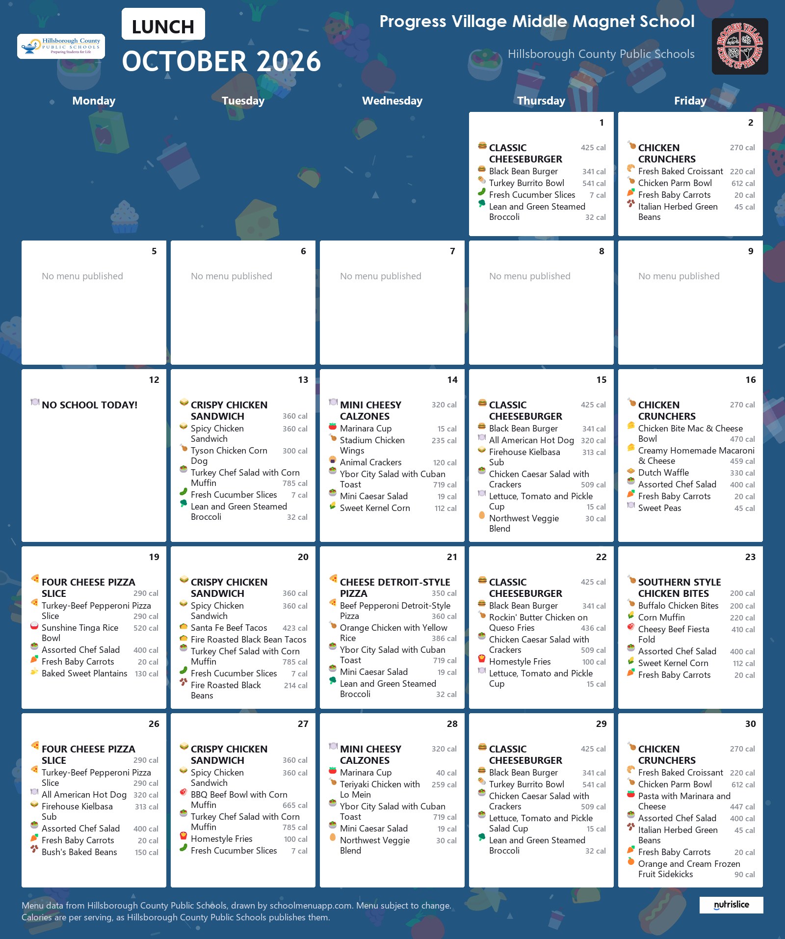 Progress Village Middle Magnet School lunch menu for October 2026 &mdash; Hillsborough County Public Schools