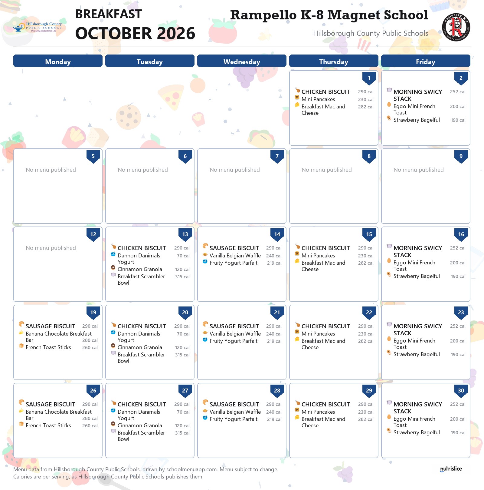 Rampello K-8 Magnet School breakfast menu for October 2026 &mdash; Hillsborough County Public Schools