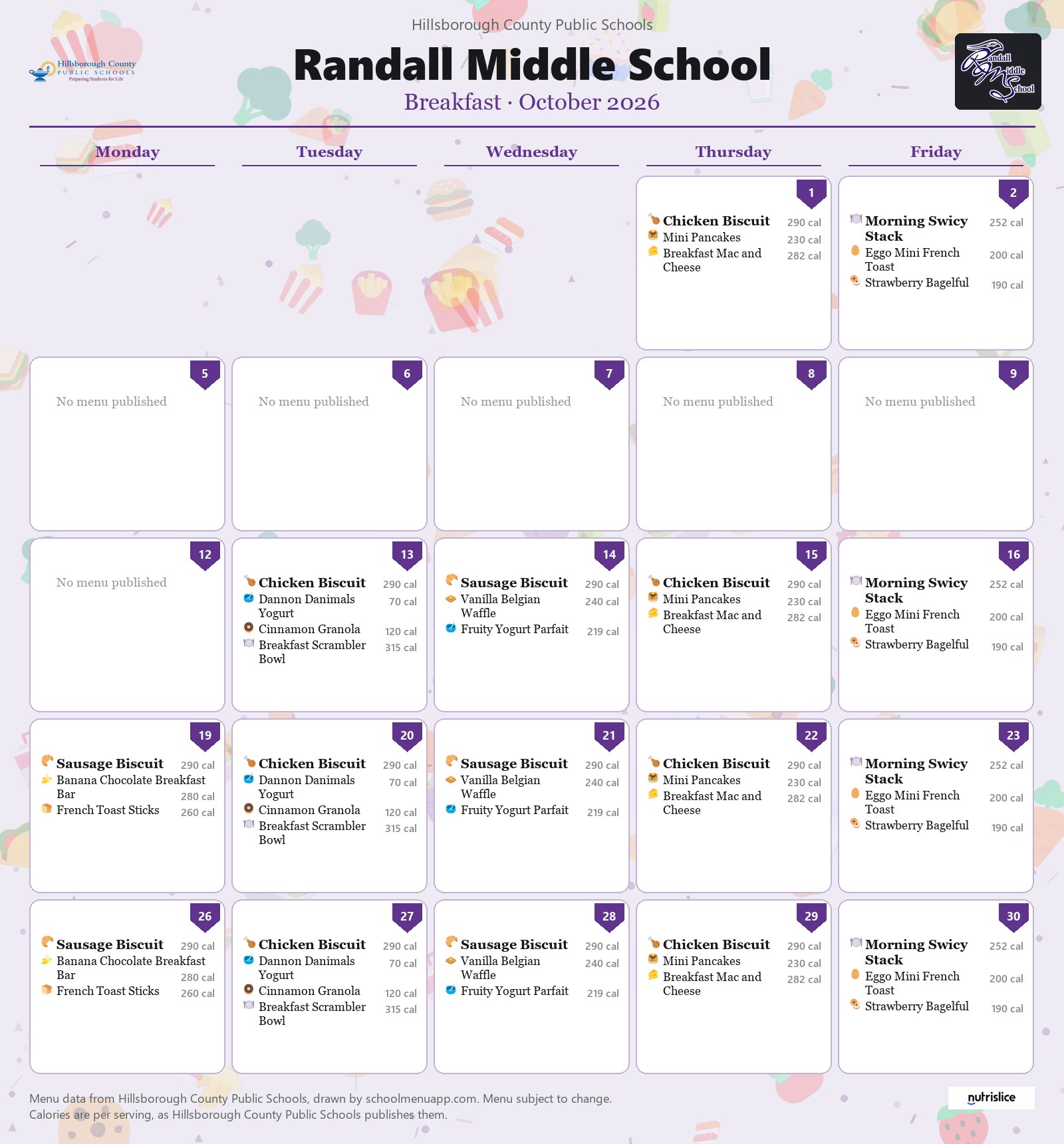 Randall Middle School breakfast menu for October 2026 &mdash; Hillsborough County Public Schools