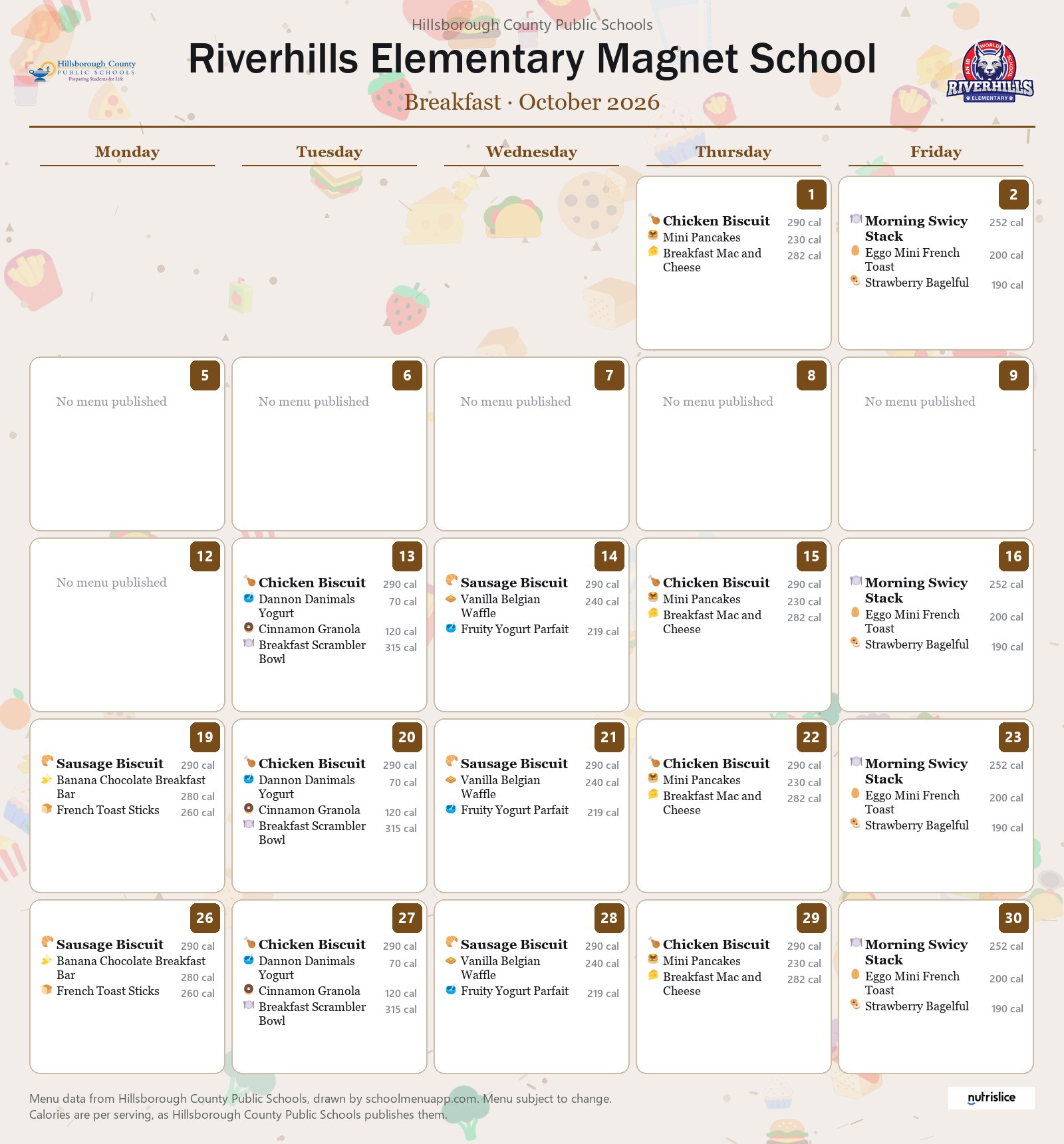 Riverhills Elementary Magnet School breakfast menu for October 2026 &mdash; Hillsborough County Public Schools
