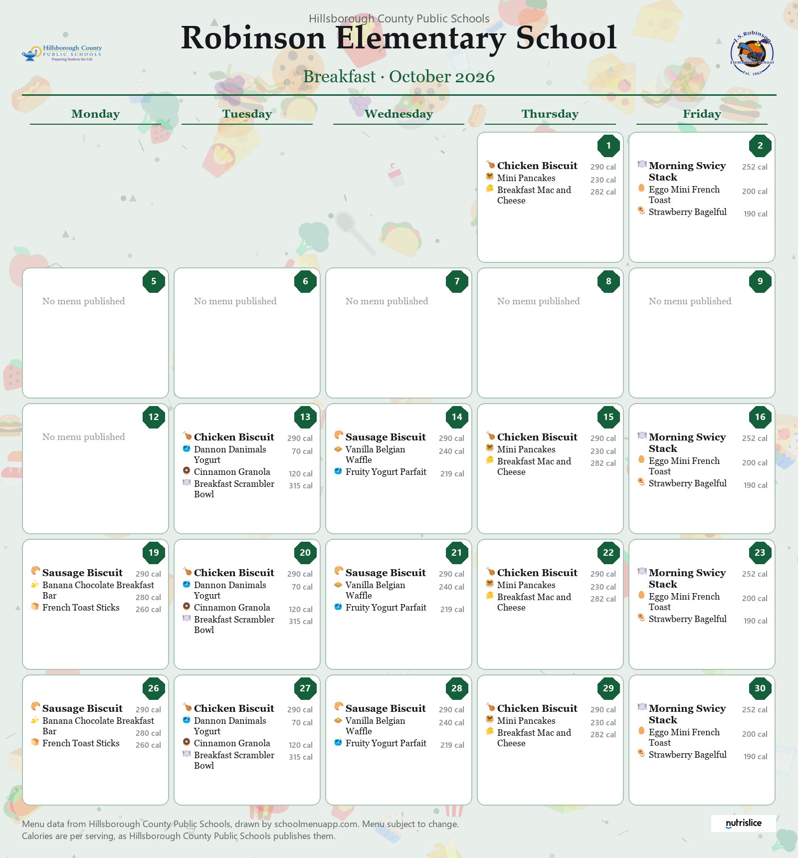 Robinson Elementary School breakfast menu for October 2026 &mdash; Hillsborough County Public Schools