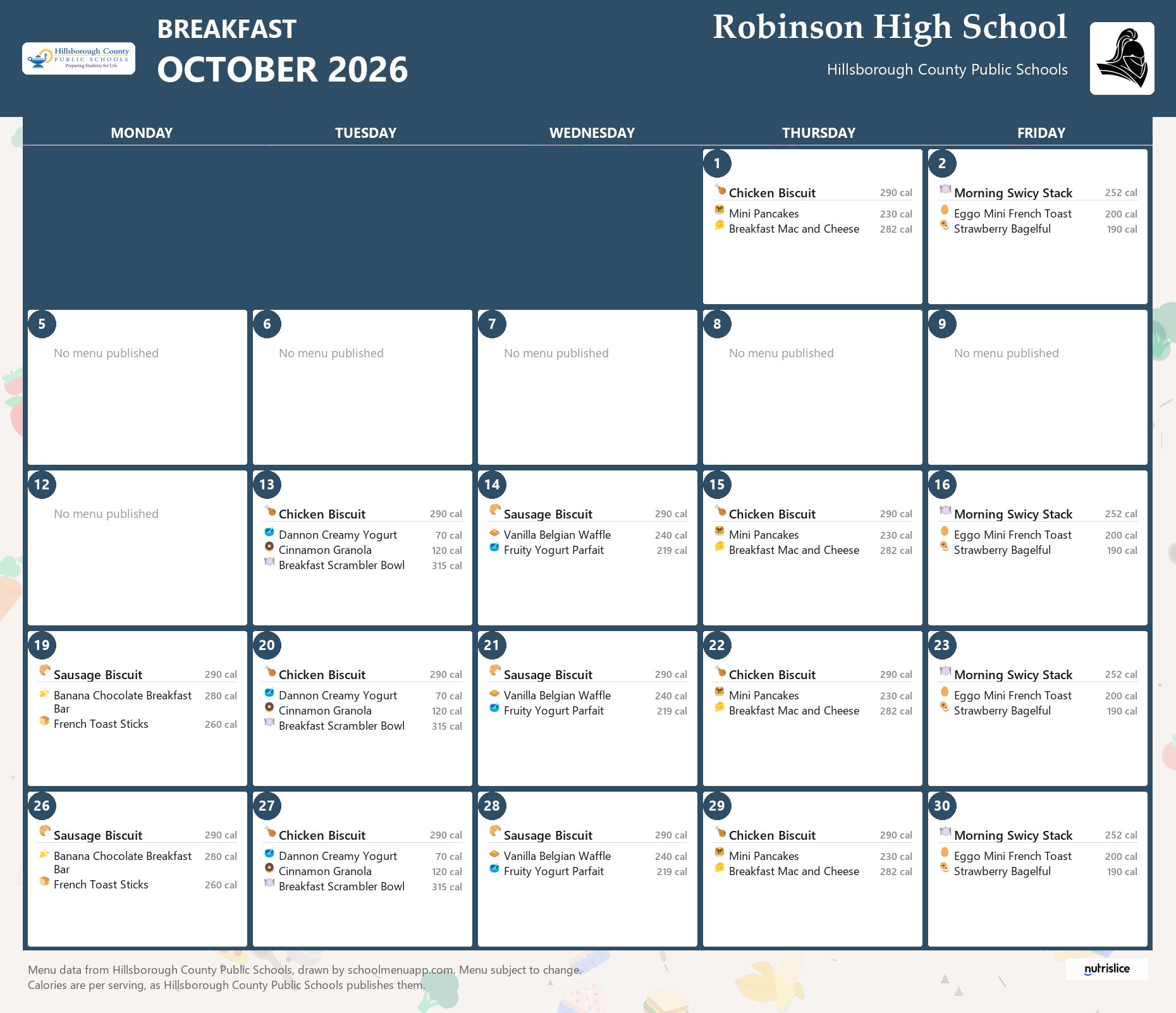 Robinson High School breakfast menu for October 2026 &mdash; Hillsborough County Public Schools