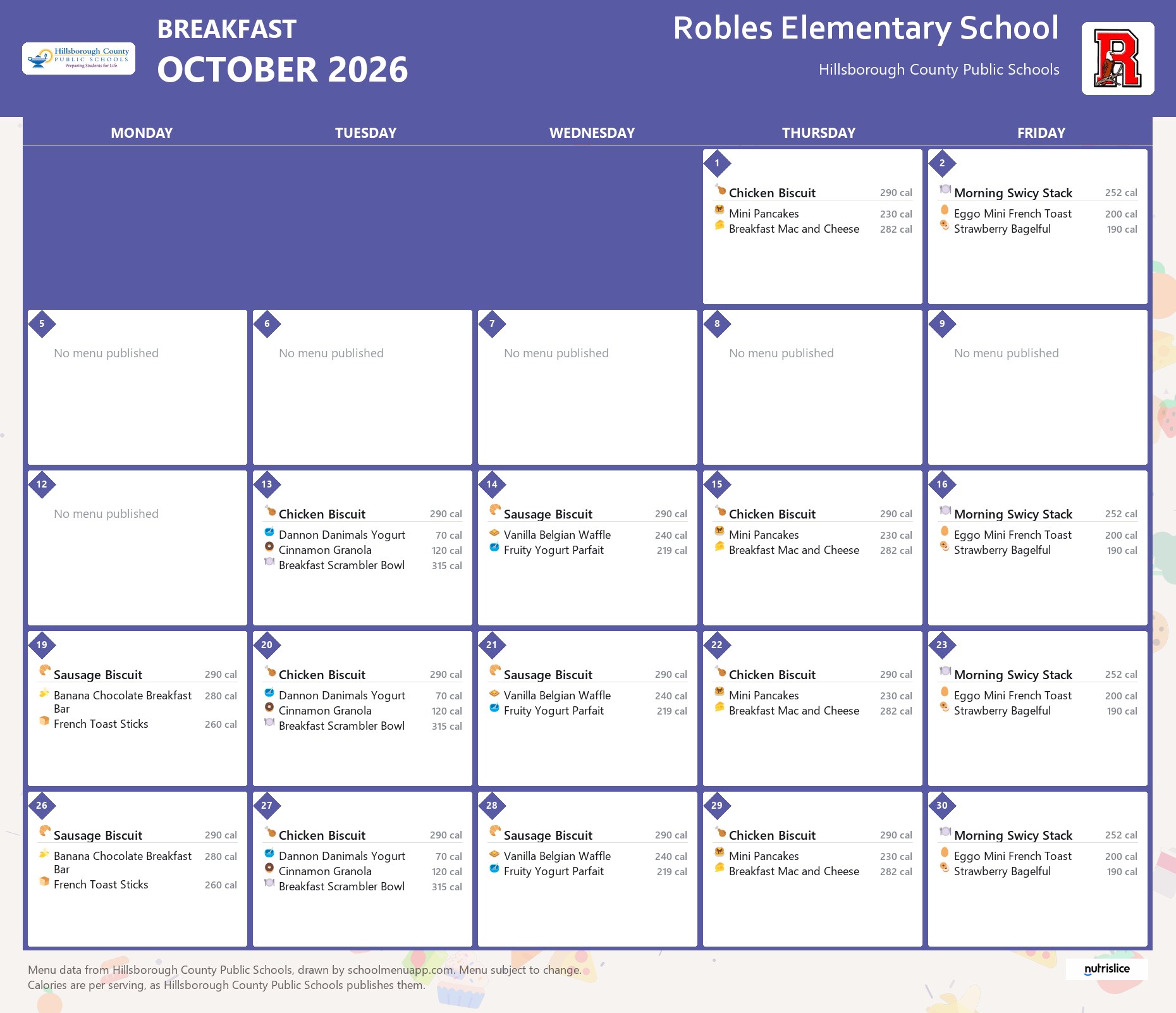 Robles Elementary School breakfast menu for October 2026 &mdash; Hillsborough County Public Schools