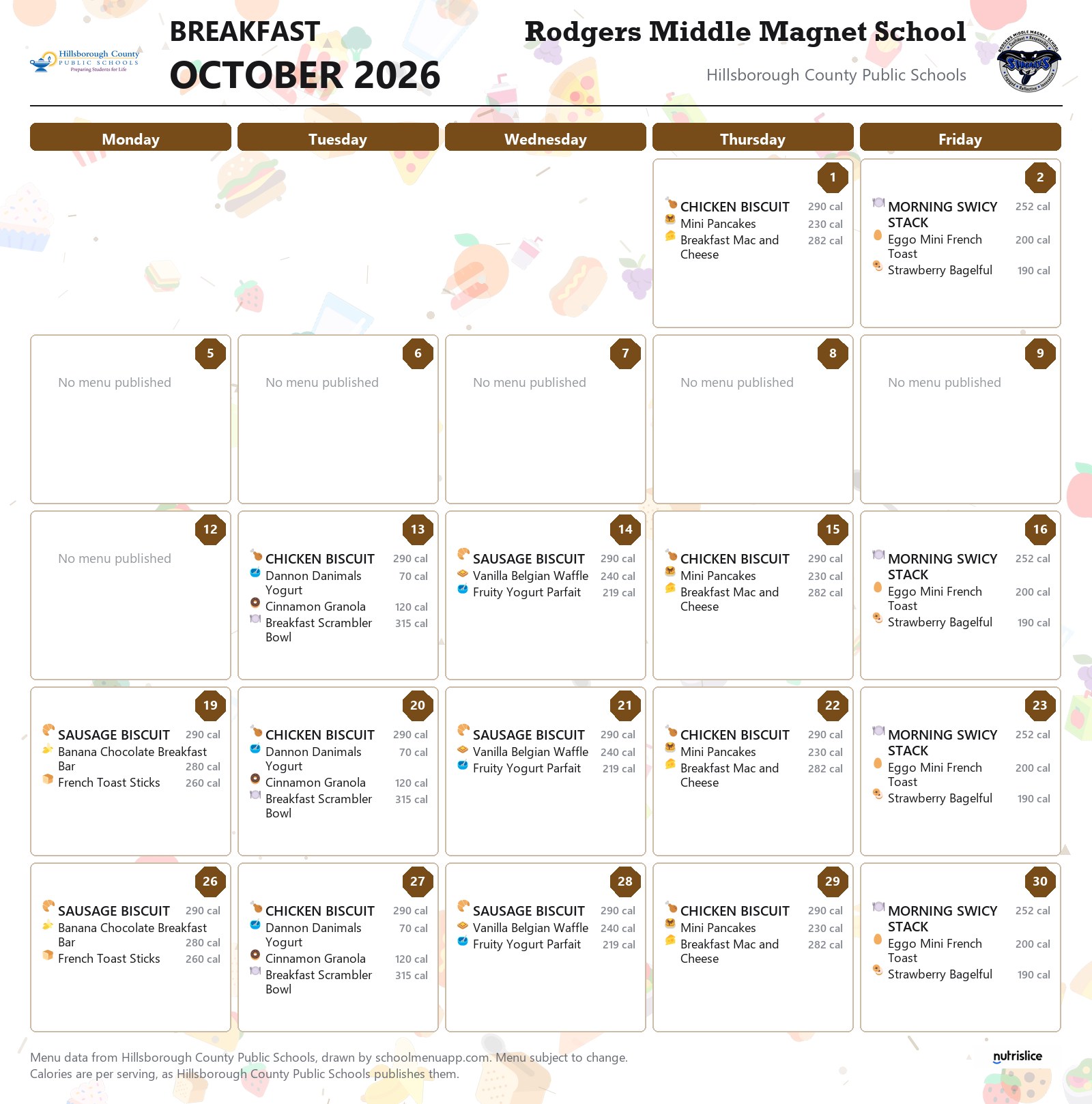 Rodgers Middle Magnet School breakfast menu for October 2026 &mdash; Hillsborough County Public Schools