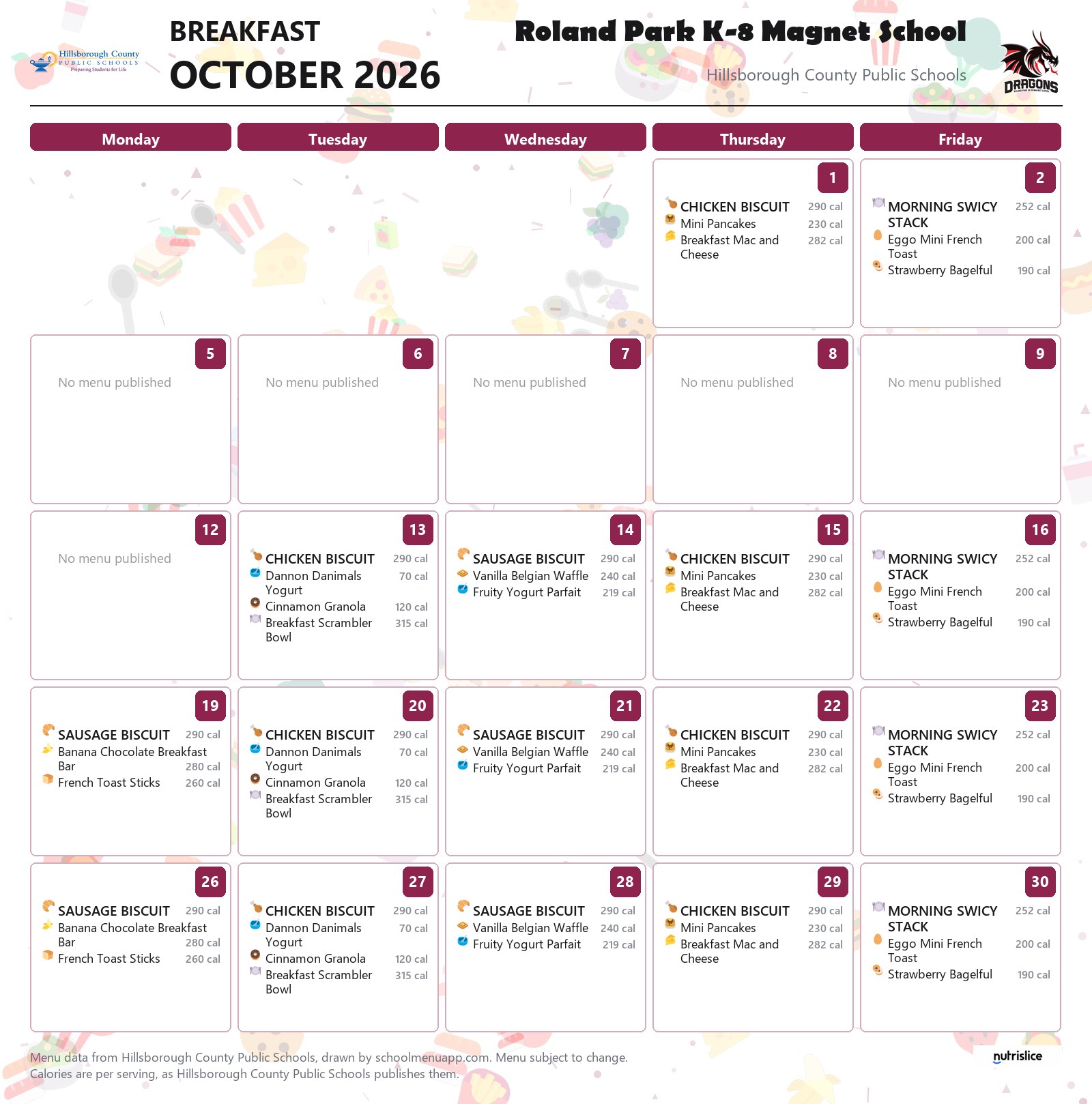Roland Park K-8 Magnet School breakfast menu for October 2026 &mdash; Hillsborough County Public Schools