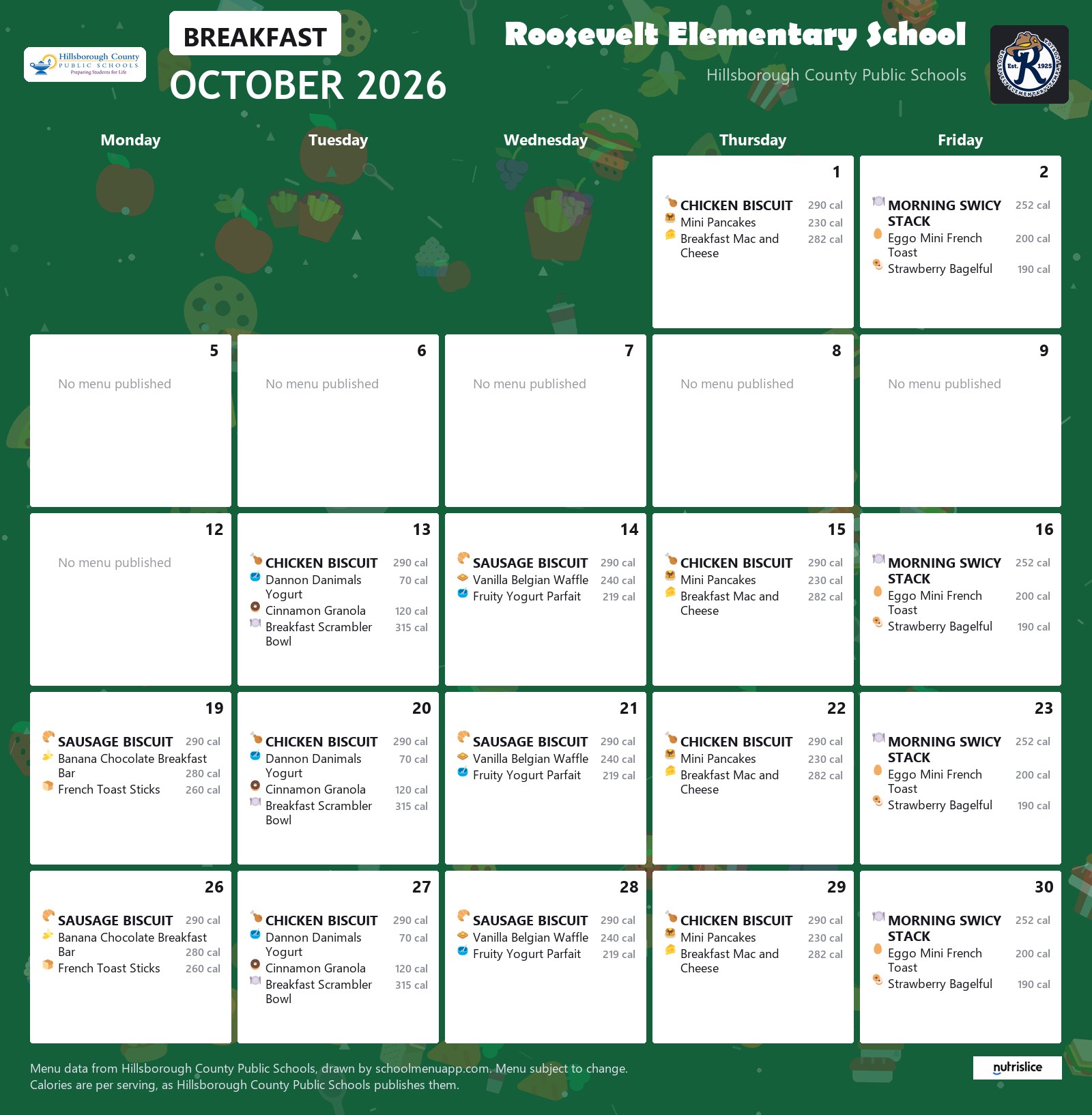 Roosevelt Elementary School breakfast menu for October 2026 &mdash; Hillsborough County Public Schools