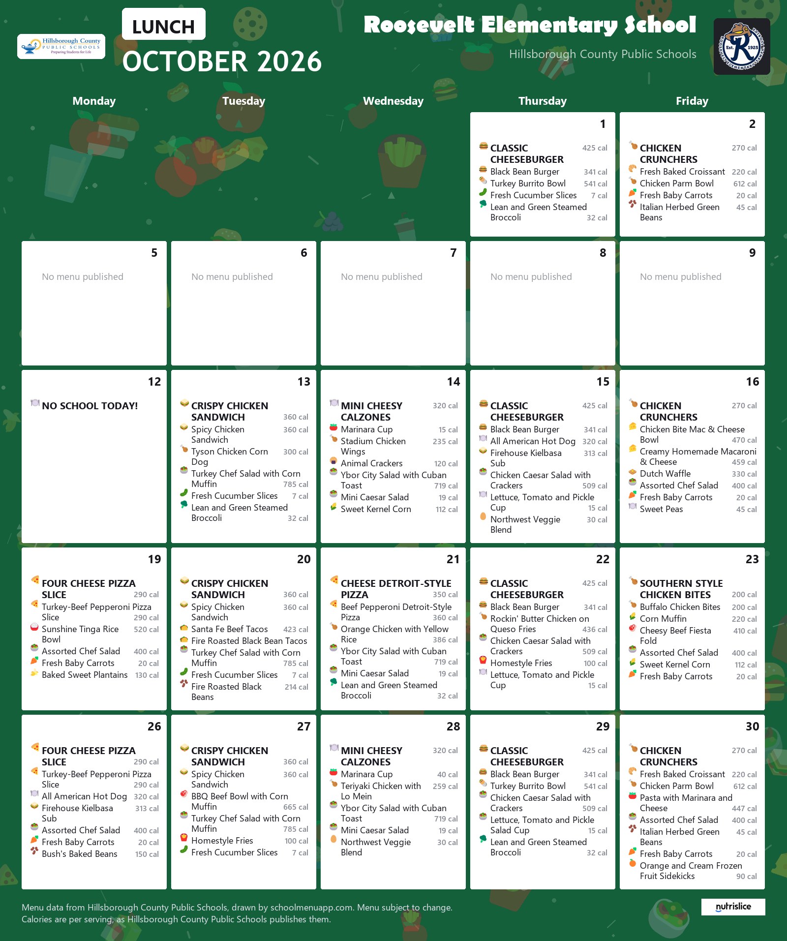 Roosevelt Elementary School lunch menu for October 2026 &mdash; Hillsborough County Public Schools