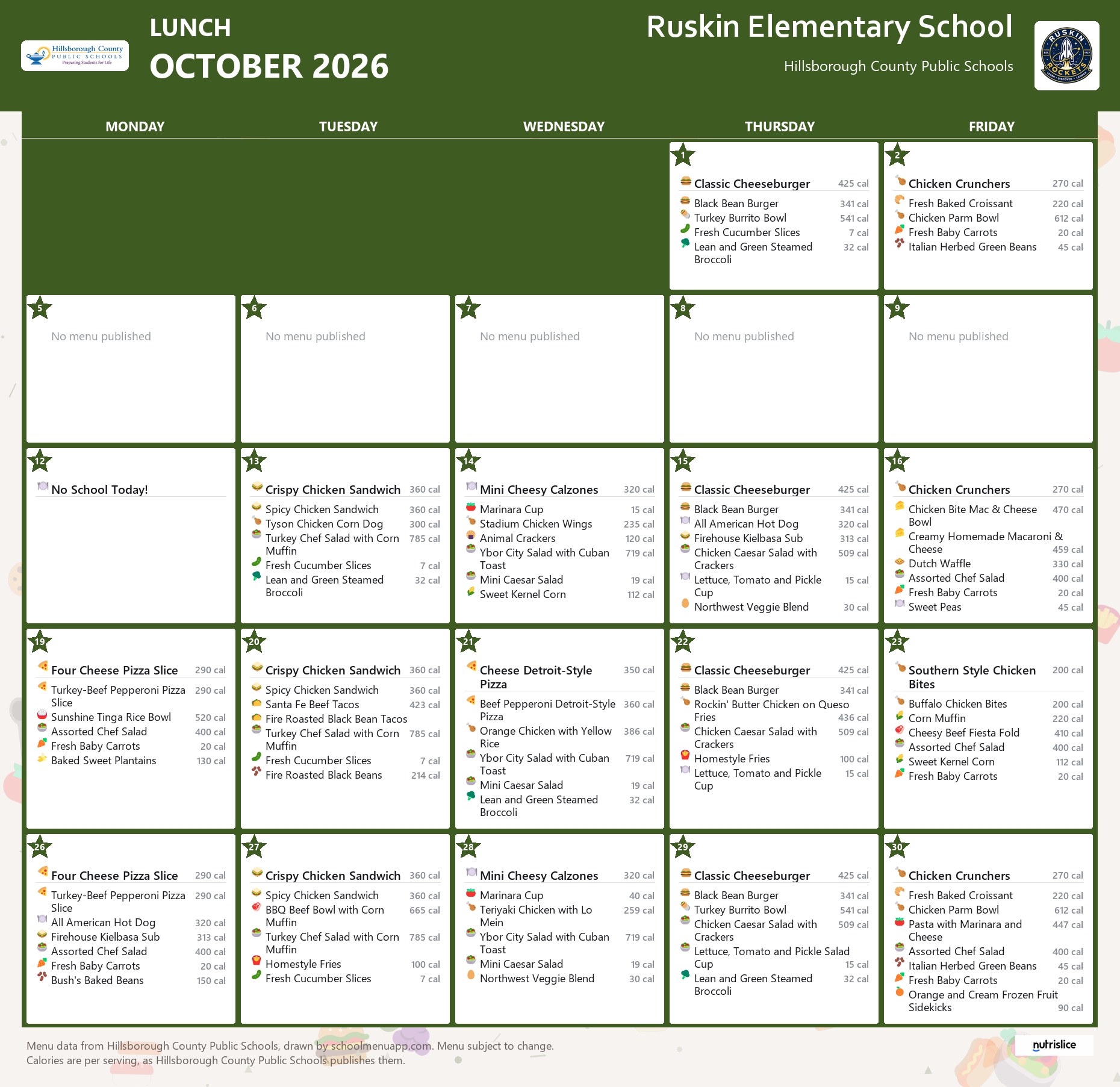 Ruskin Elementary School lunch menu for October 2026 &mdash; Hillsborough County Public Schools