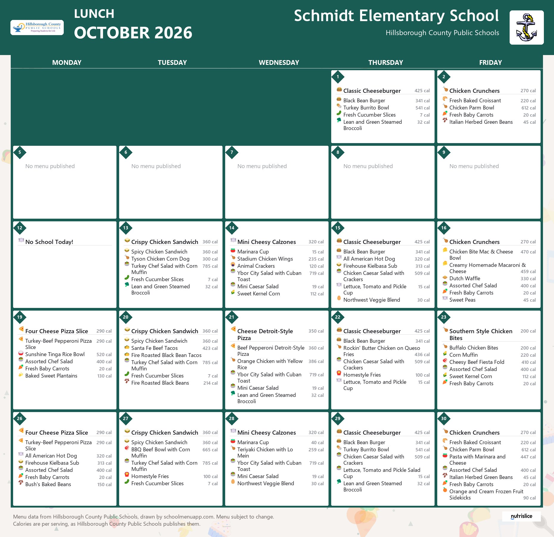 Schmidt Elementary School lunch menu for October 2026 &mdash; Hillsborough County Public Schools