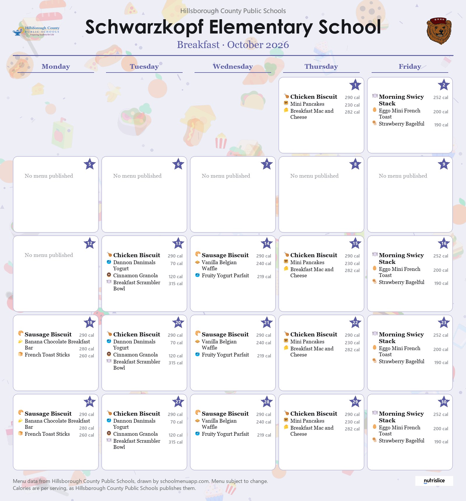 Schwarzkopf Elementary School breakfast menu for October 2026 &mdash; Hillsborough County Public Schools