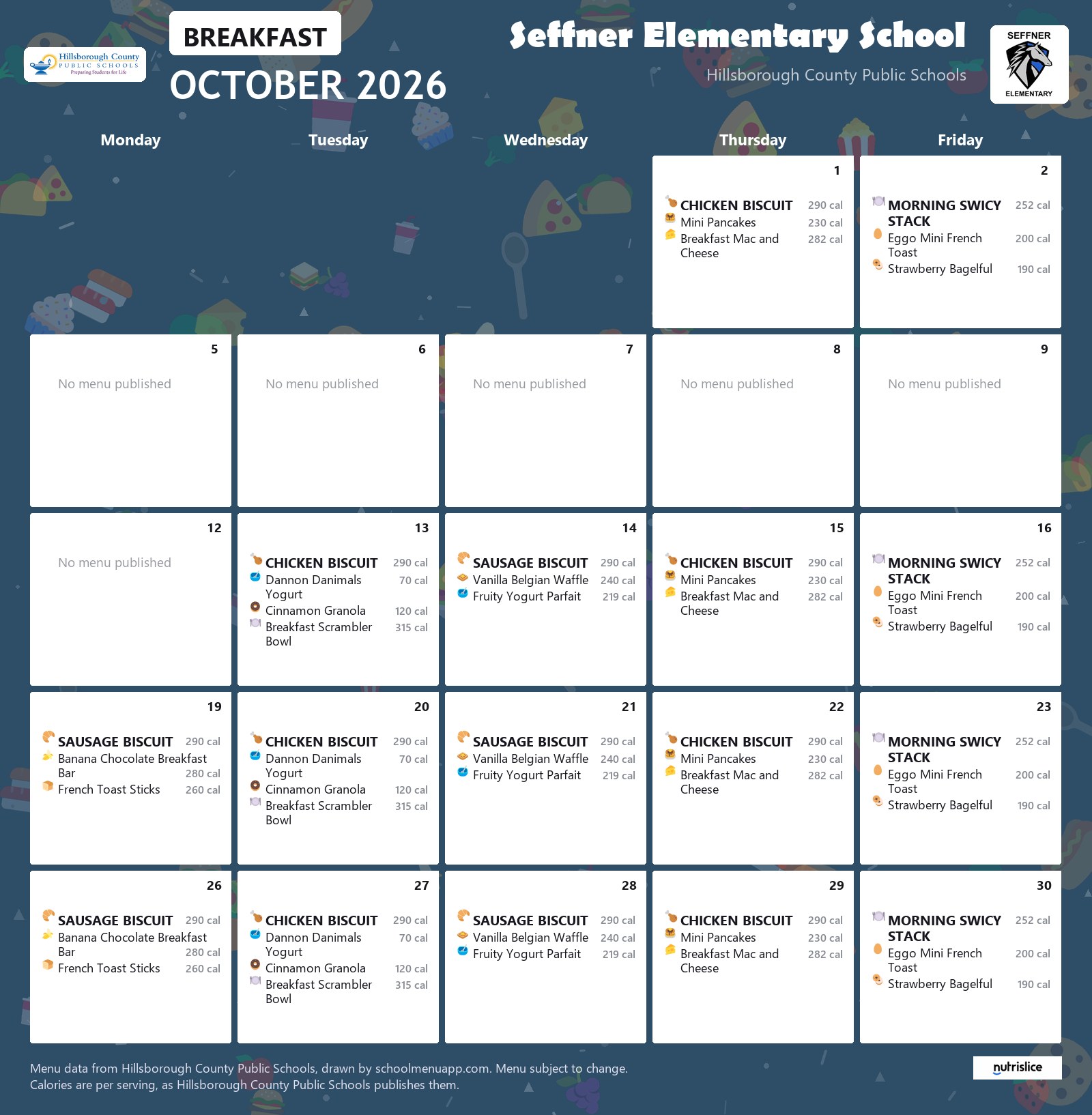 Seffner Elementary School breakfast menu for October 2026 &mdash; Hillsborough County Public Schools