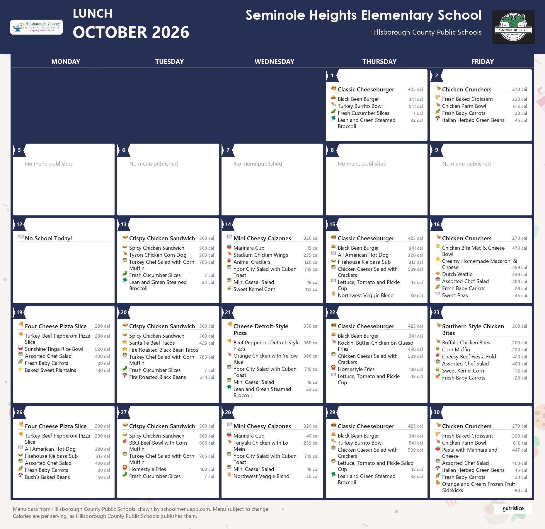 Seminole Heights Elementary School lunch menu for October 2026 &mdash; Hillsborough County Public Schools