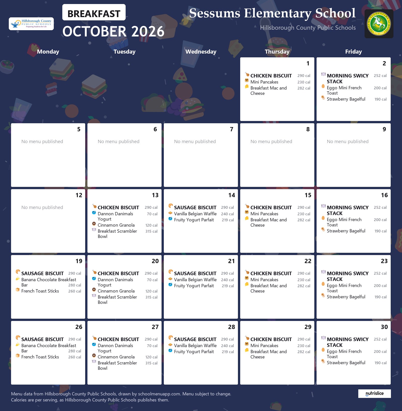 Sessums Elementary School breakfast menu for October 2026 &mdash; Hillsborough County Public Schools