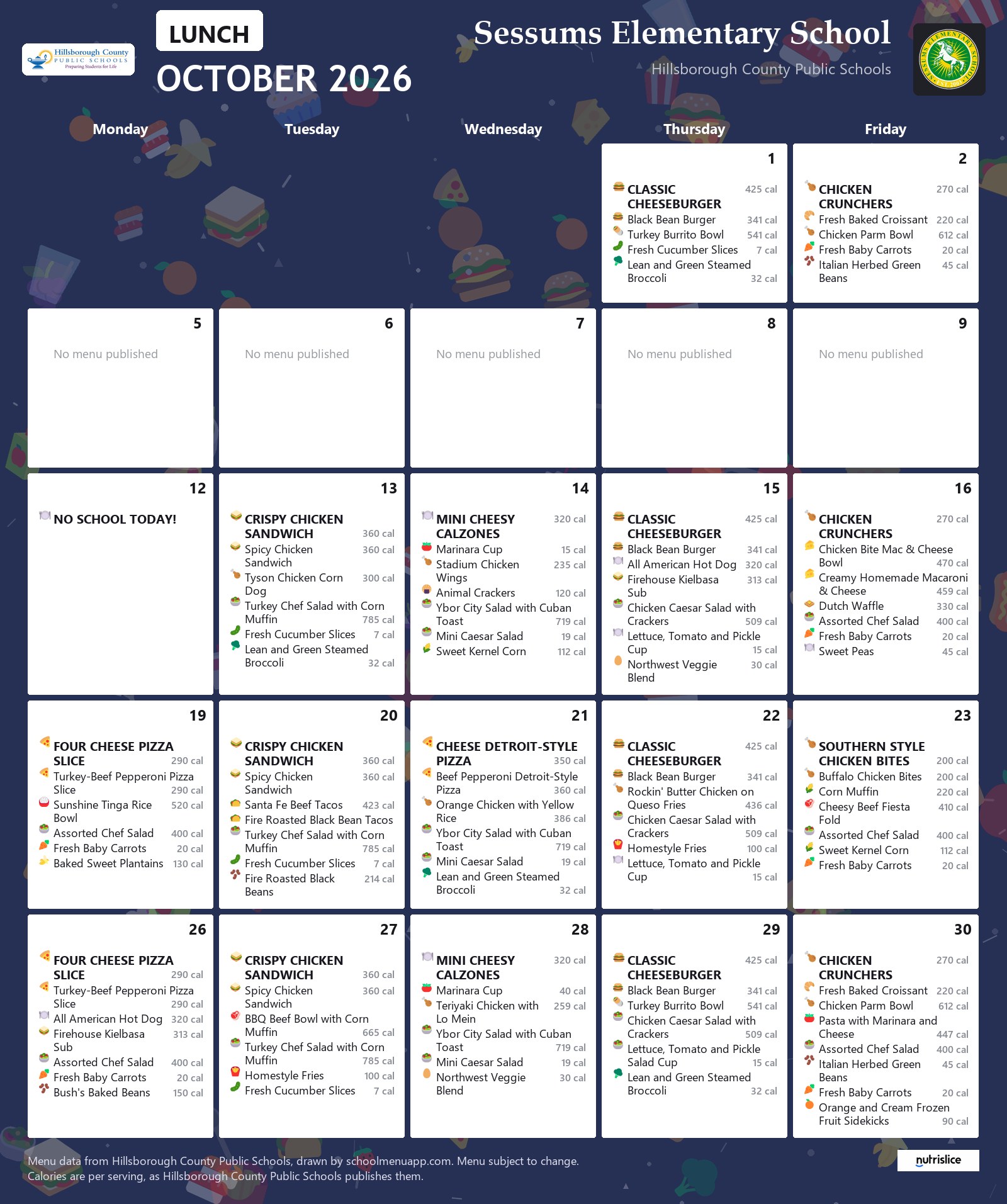 Sessums Elementary School lunch menu for October 2026 &mdash; Hillsborough County Public Schools