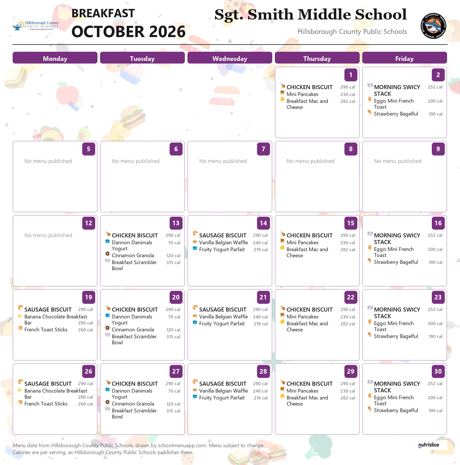 Sgt. Smith Middle School breakfast menu for October 2026 &mdash; Hillsborough County Public Schools