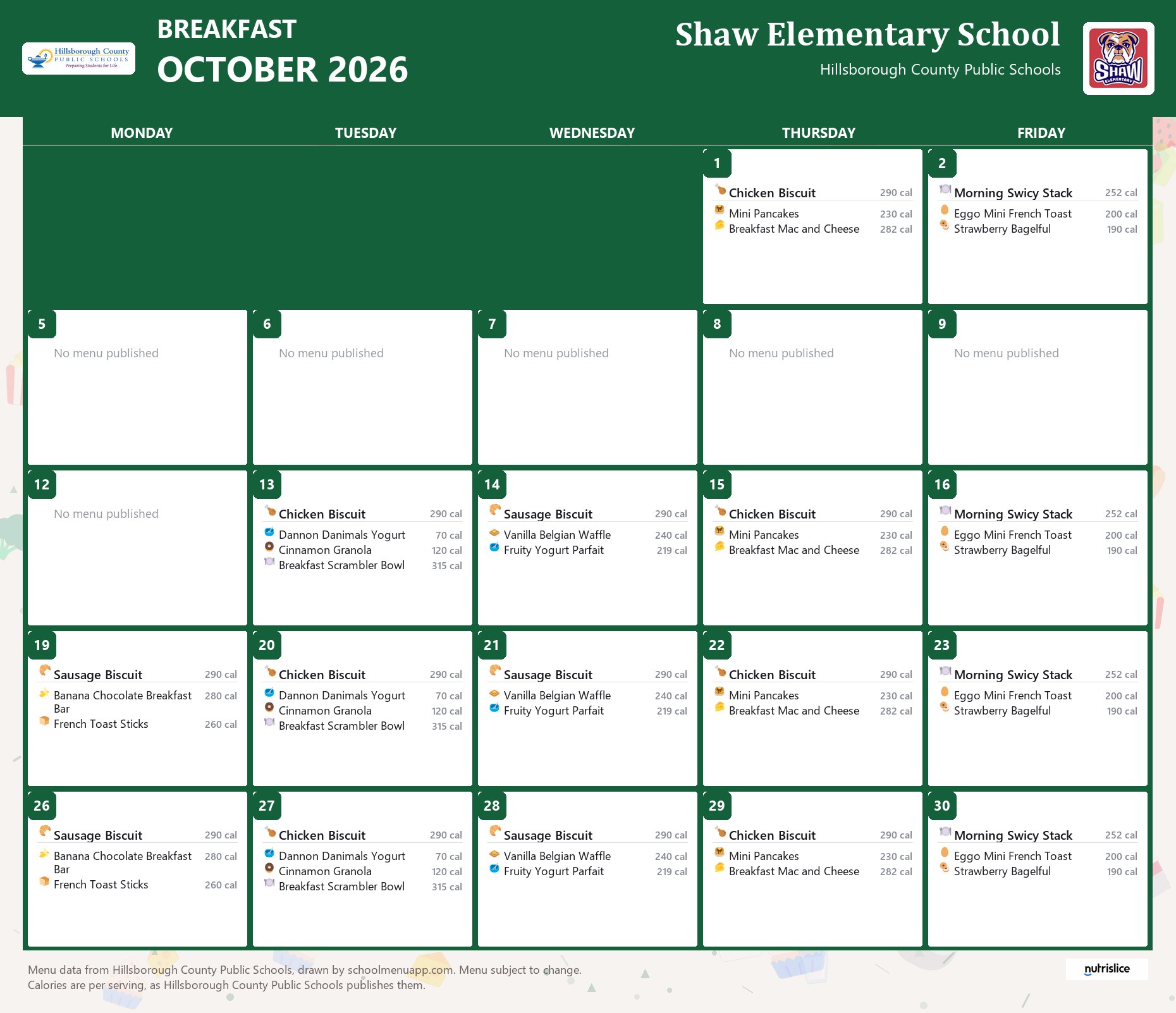 Shaw Elementary School breakfast menu for October 2026 &mdash; Hillsborough County Public Schools