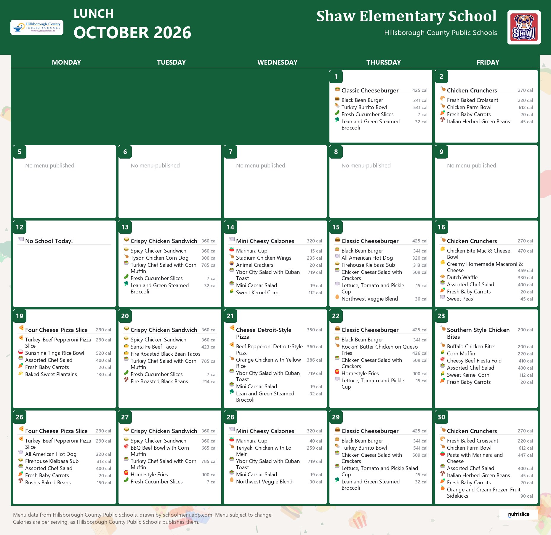 Shaw Elementary School lunch menu for October 2026 &mdash; Hillsborough County Public Schools