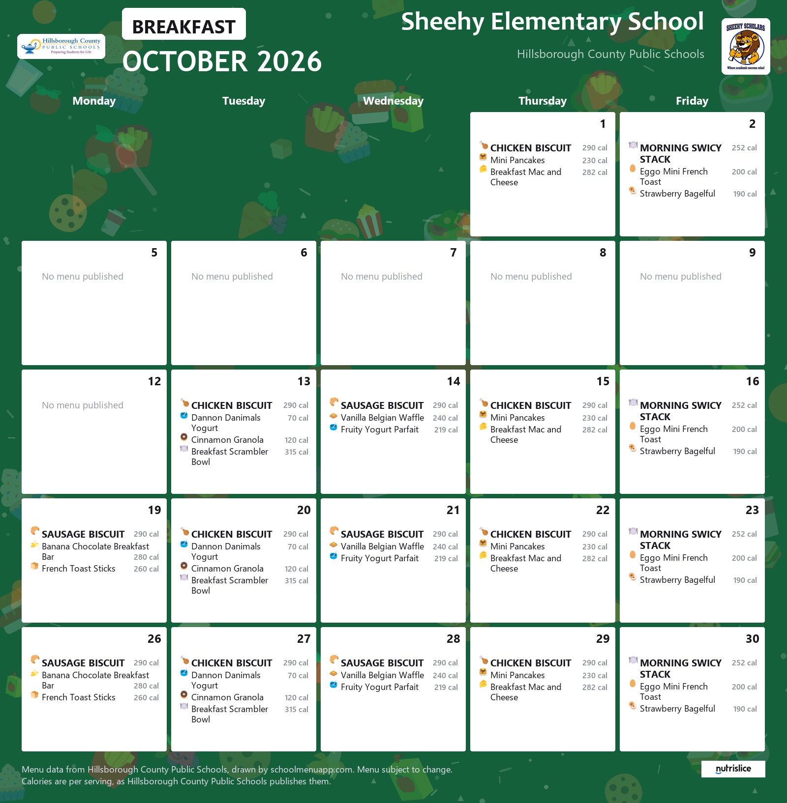 Sheehy Elementary School breakfast menu for October 2026 &mdash; Hillsborough County Public Schools