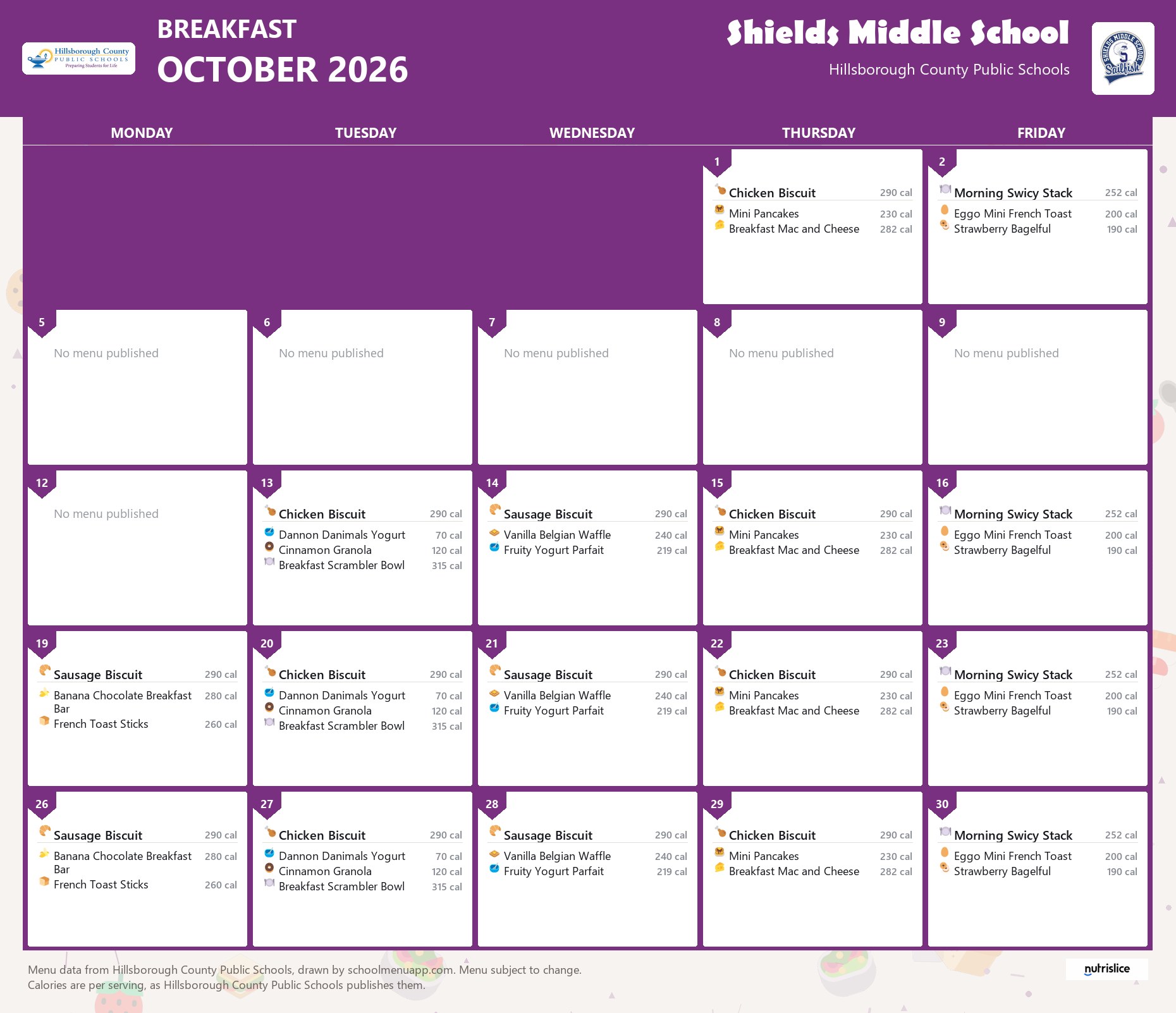 Shields Middle School breakfast menu for October 2026 &mdash; Hillsborough County Public Schools