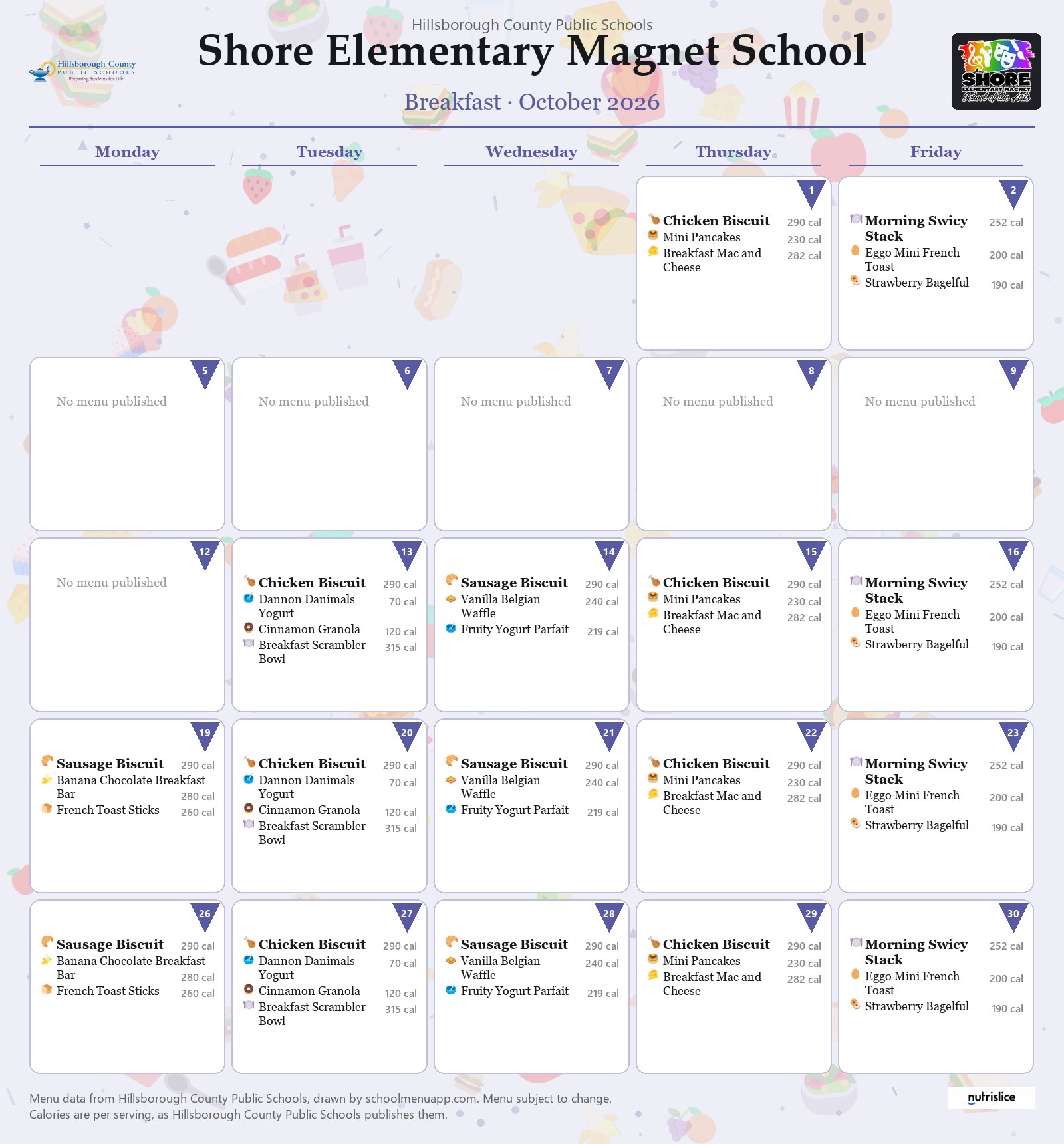 Shore Elementary Magnet School breakfast menu for October 2026 &mdash; Hillsborough County Public Schools