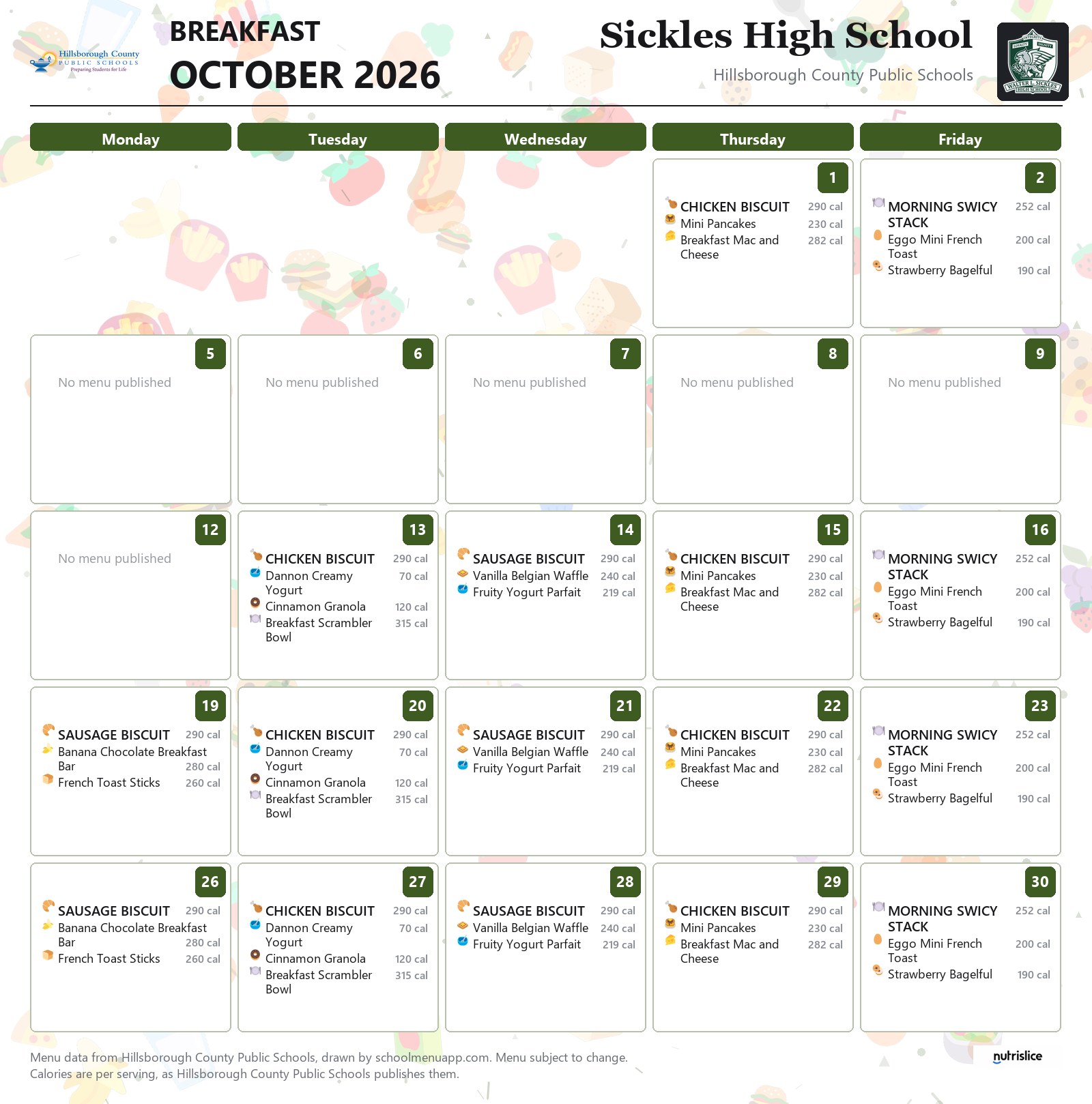 Sickles High School breakfast menu for October 2026 &mdash; Hillsborough County Public Schools