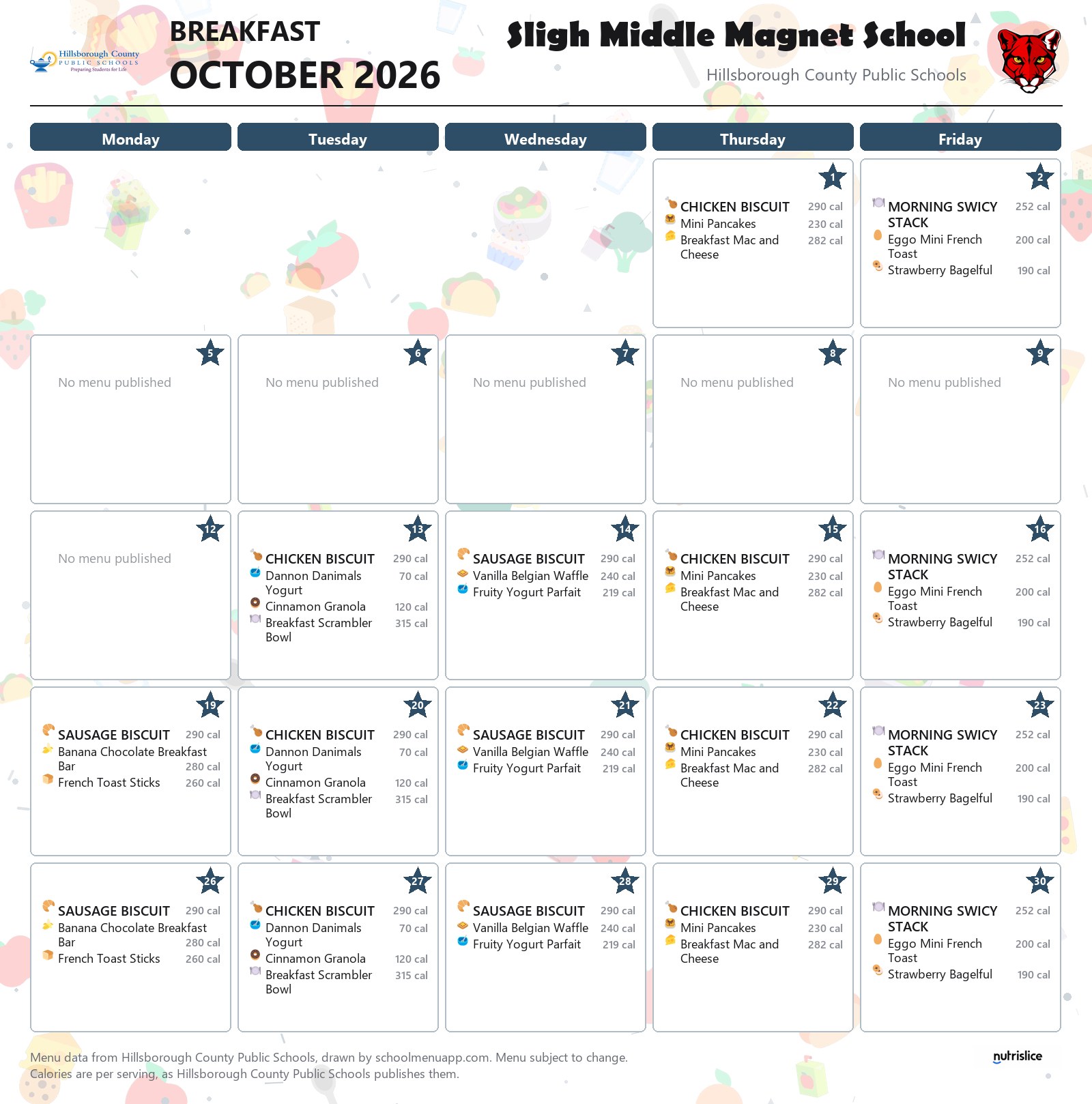 Sligh Middle Magnet School breakfast menu for October 2026 &mdash; Hillsborough County Public Schools
