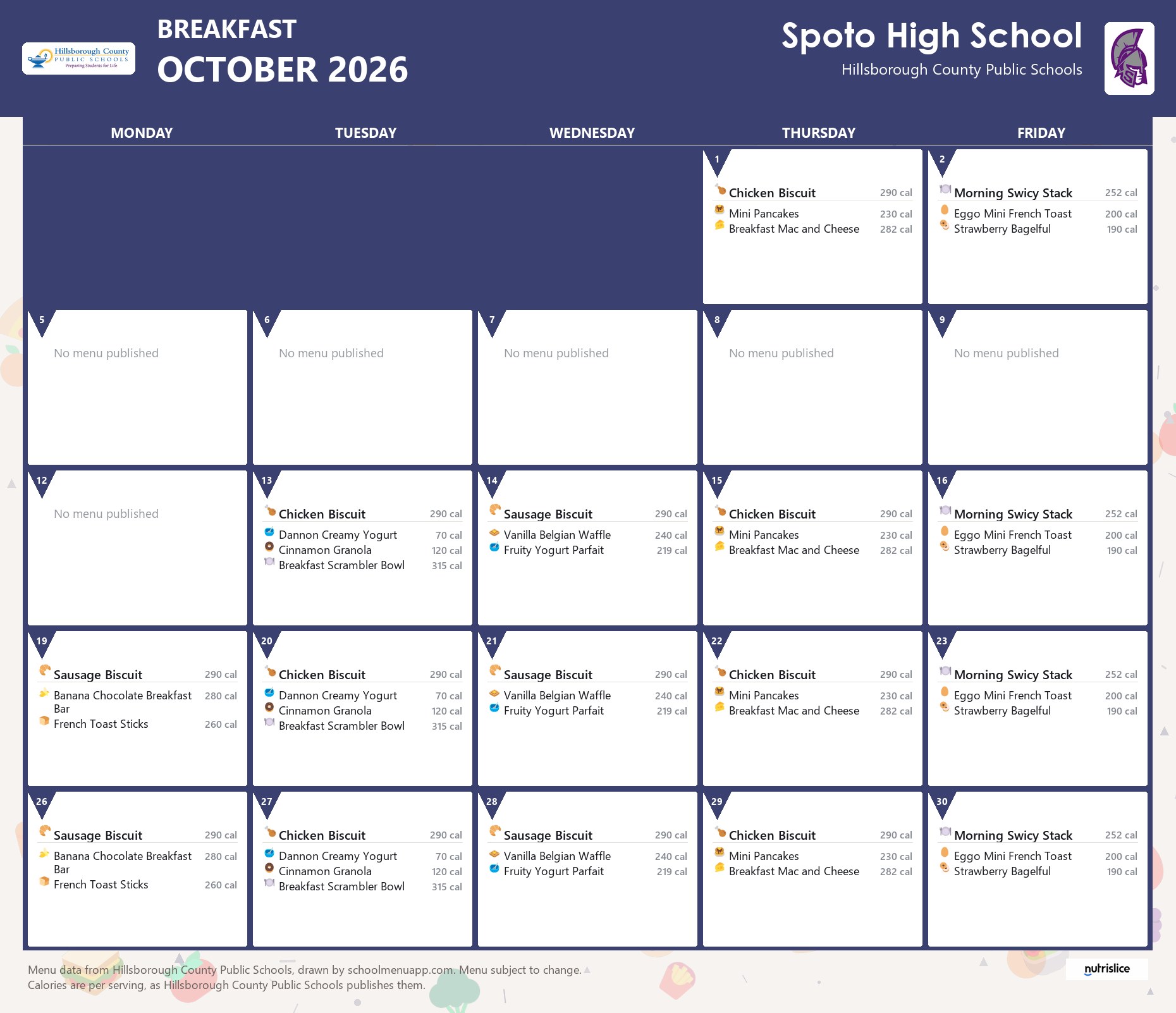 Spoto High School breakfast menu for October 2026 &mdash; Hillsborough County Public Schools
