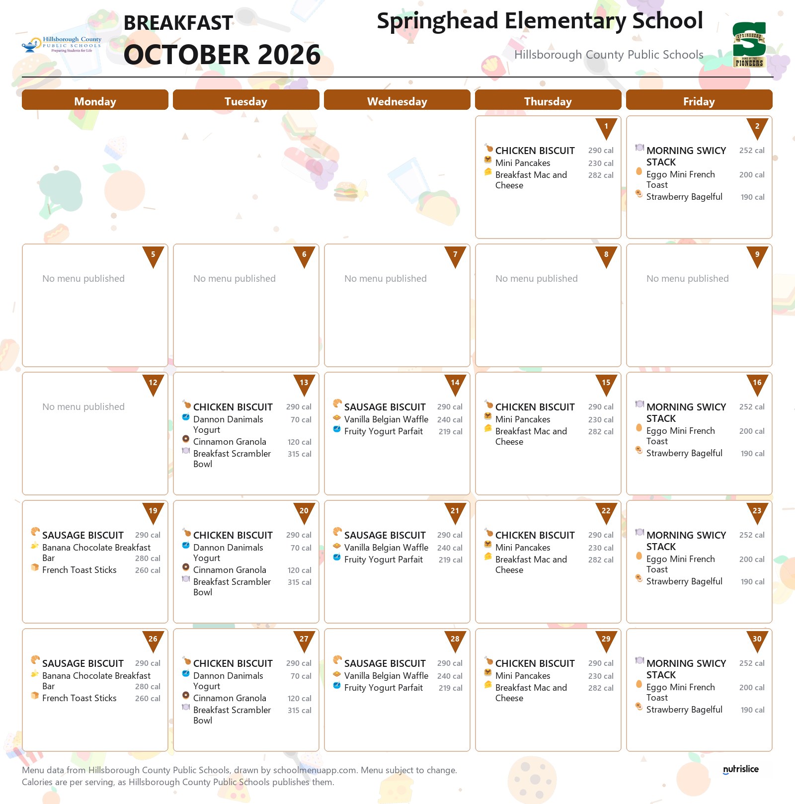 Springhead Elementary School breakfast menu for October 2026 &mdash; Hillsborough County Public Schools