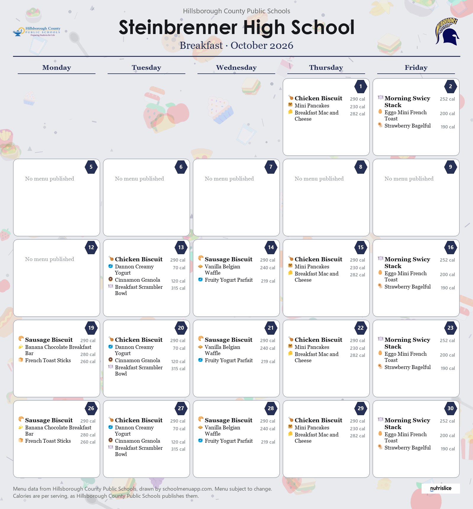 Steinbrenner High School breakfast menu for October 2026 &mdash; Hillsborough County Public Schools