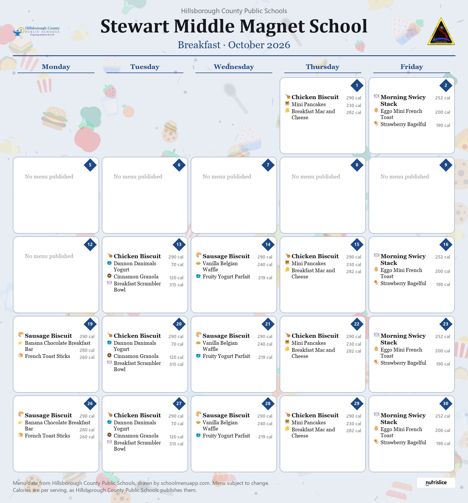 Stewart Middle Magnet School breakfast menu for October 2026 &mdash; Hillsborough County Public Schools