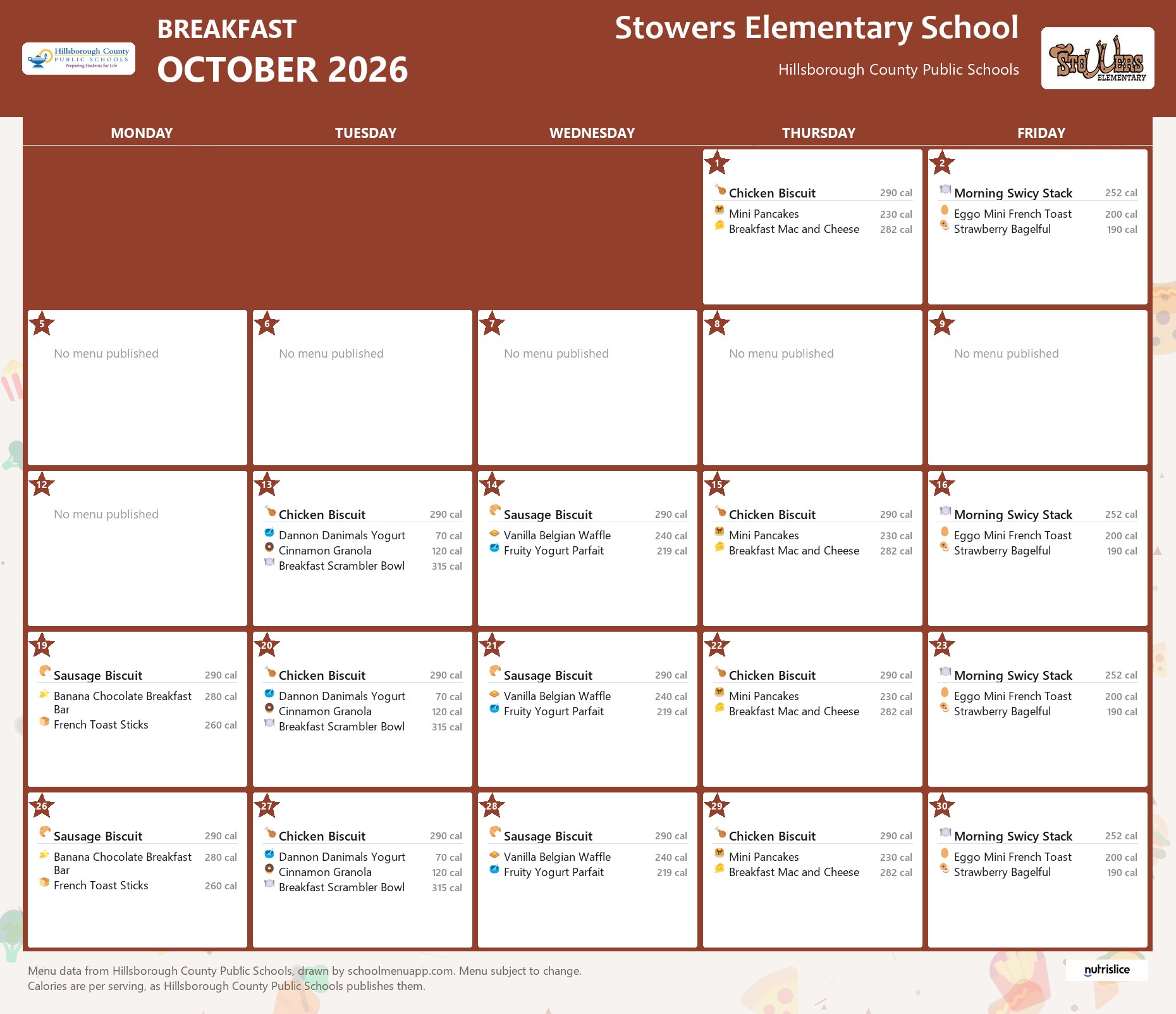 Stowers Elementary School breakfast menu for October 2026 &mdash; Hillsborough County Public Schools