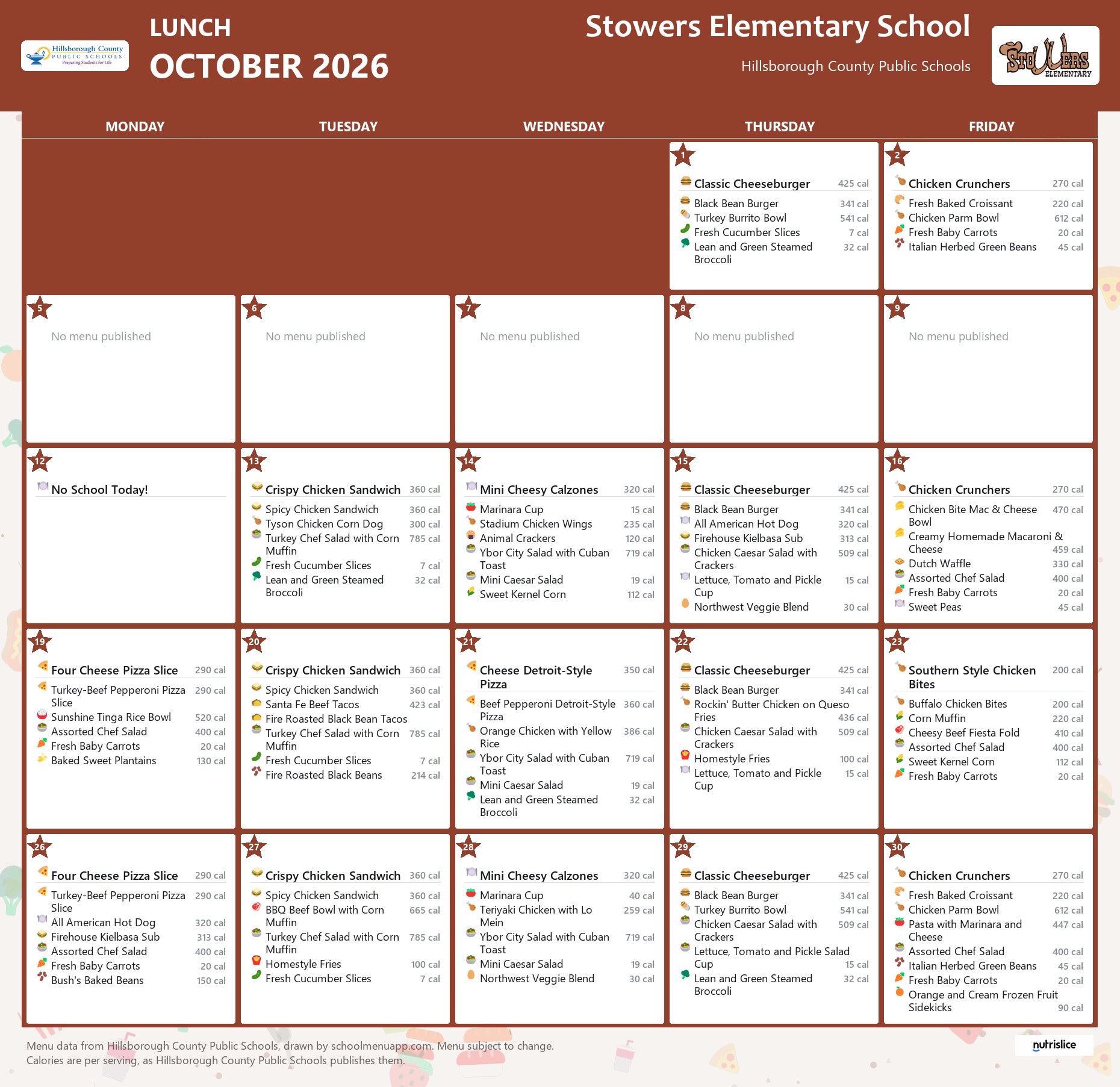 Stowers Elementary School lunch menu for October 2026 &mdash; Hillsborough County Public Schools