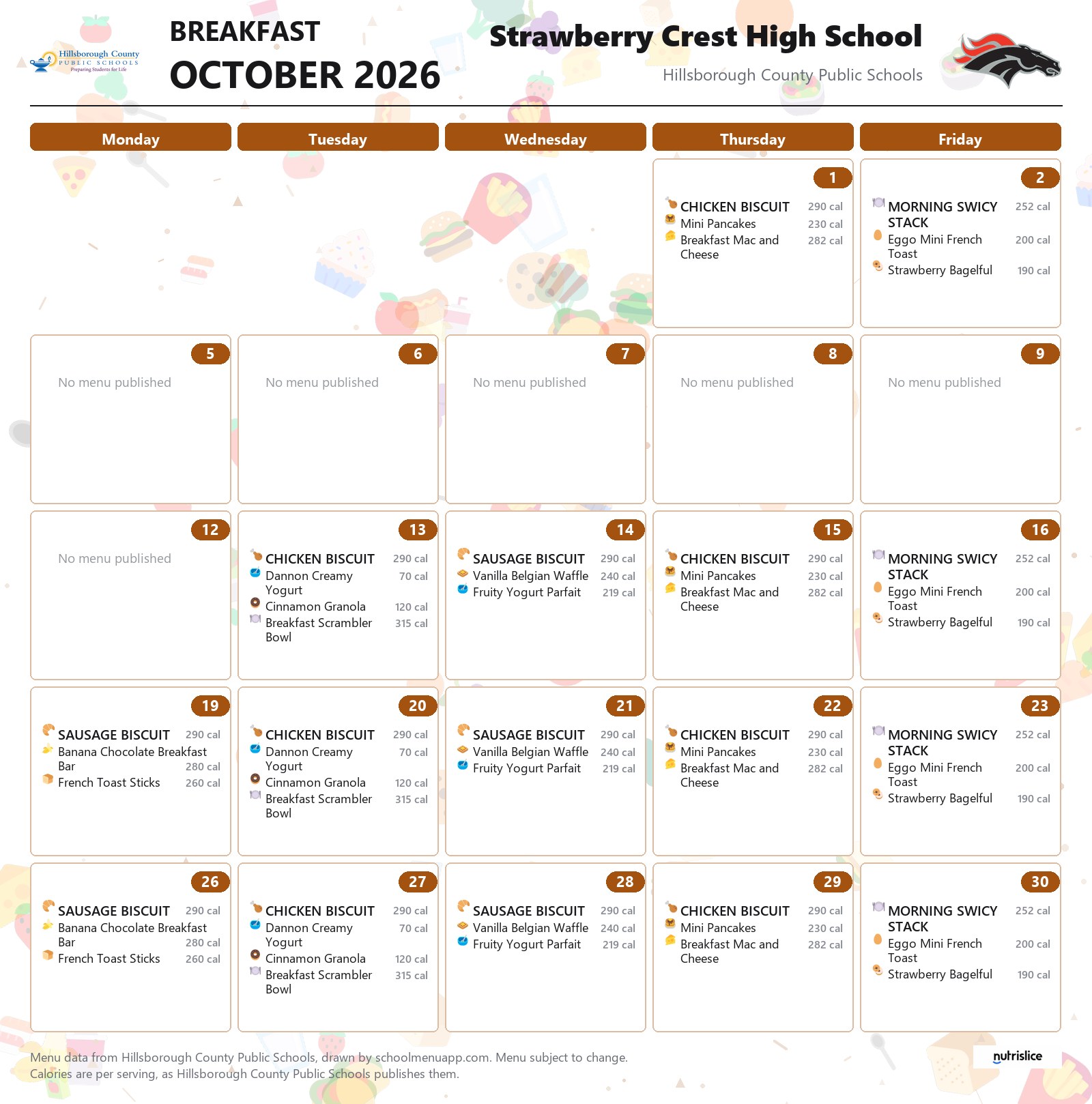 Strawberry Crest High School breakfast menu for October 2026 &mdash; Hillsborough County Public Schools