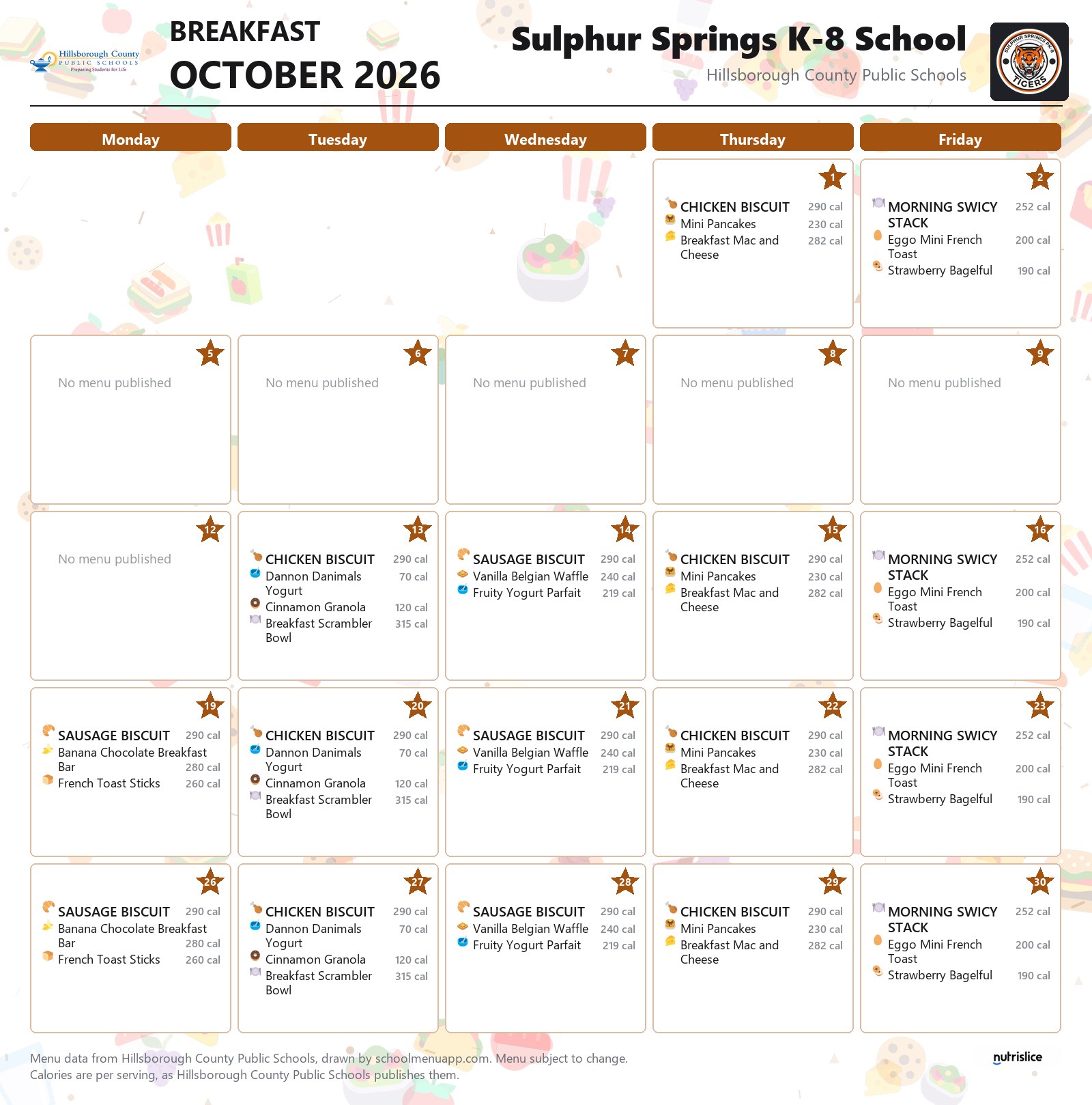 Sulphur Springs K-8 School breakfast menu for October 2026 &mdash; Hillsborough County Public Schools