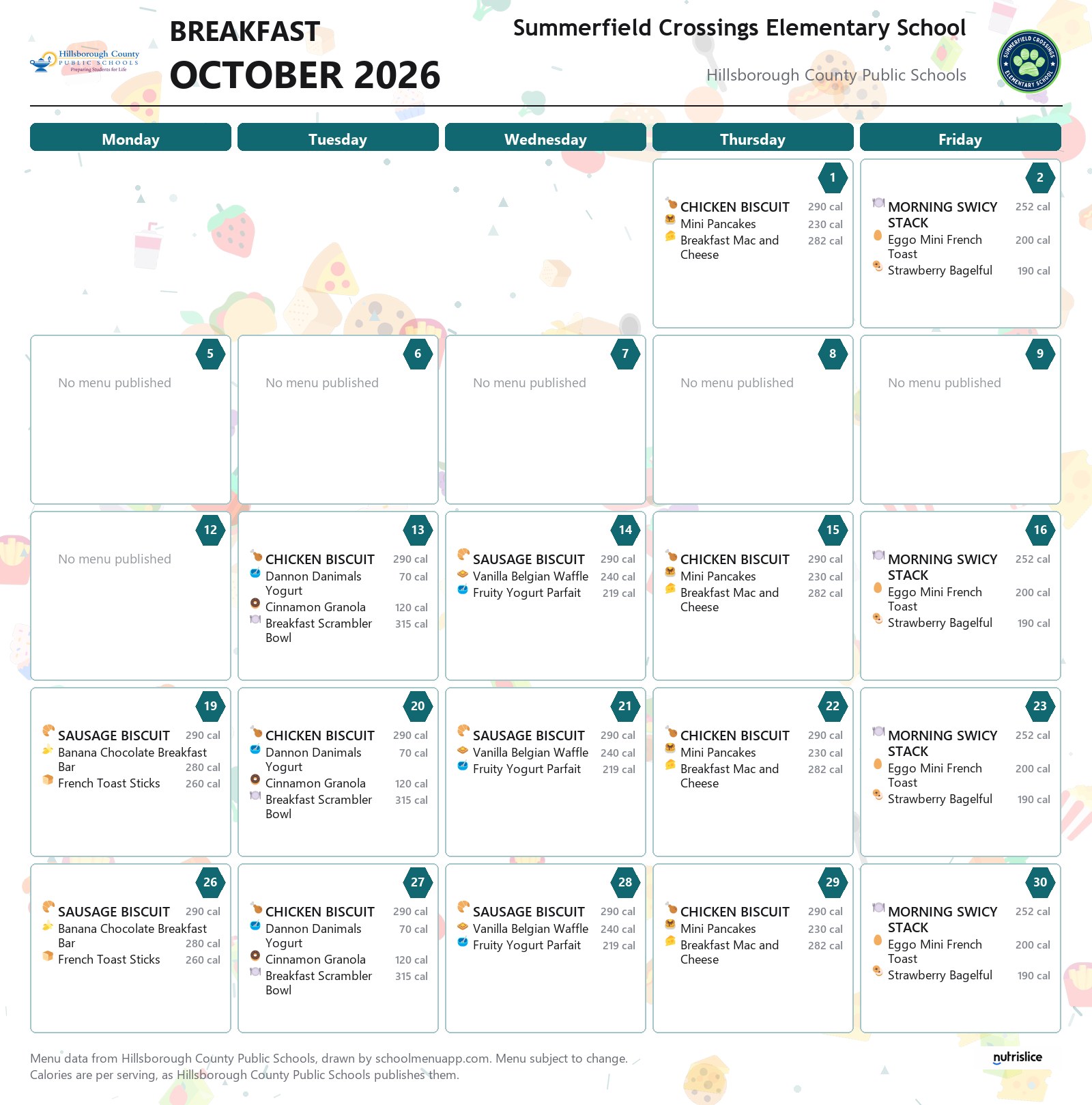Summerfield Crossings Elementary School breakfast menu for October 2026 &mdash; Hillsborough County Public Schools