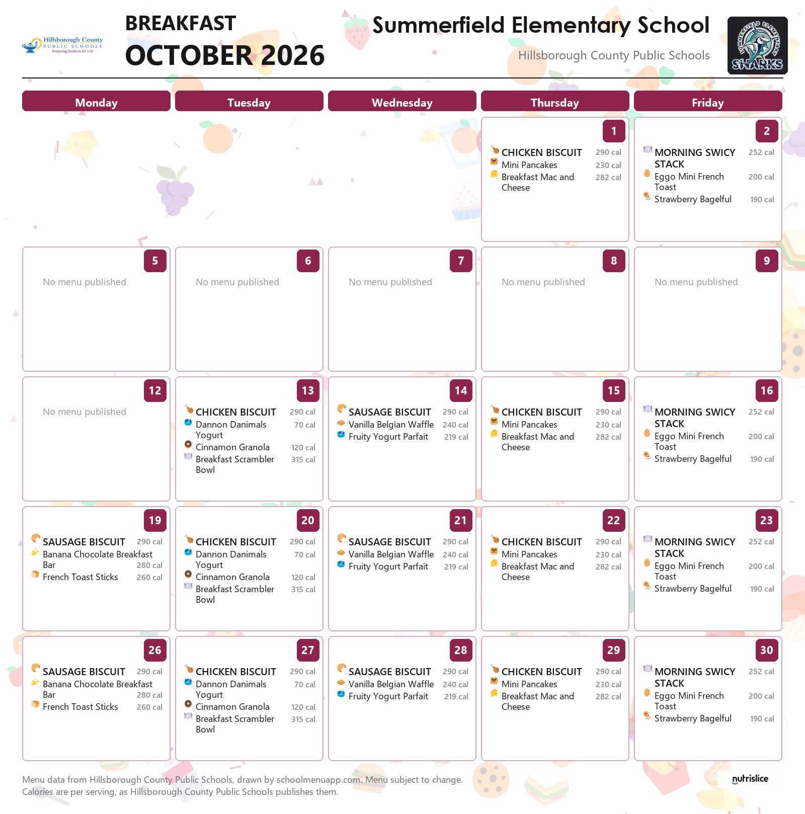 Summerfield Elementary School breakfast menu for October 2026 &mdash; Hillsborough County Public Schools
