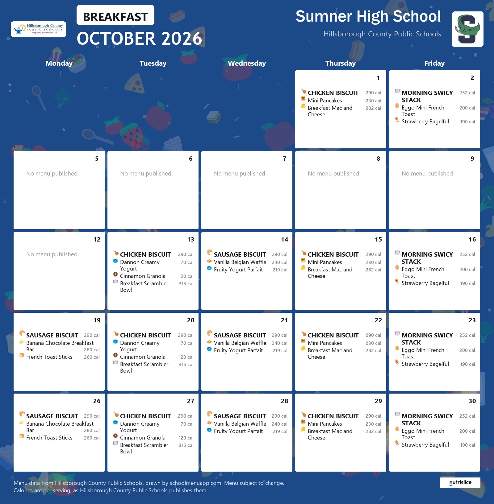 Sumner High School breakfast menu for October 2026 &mdash; Hillsborough County Public Schools