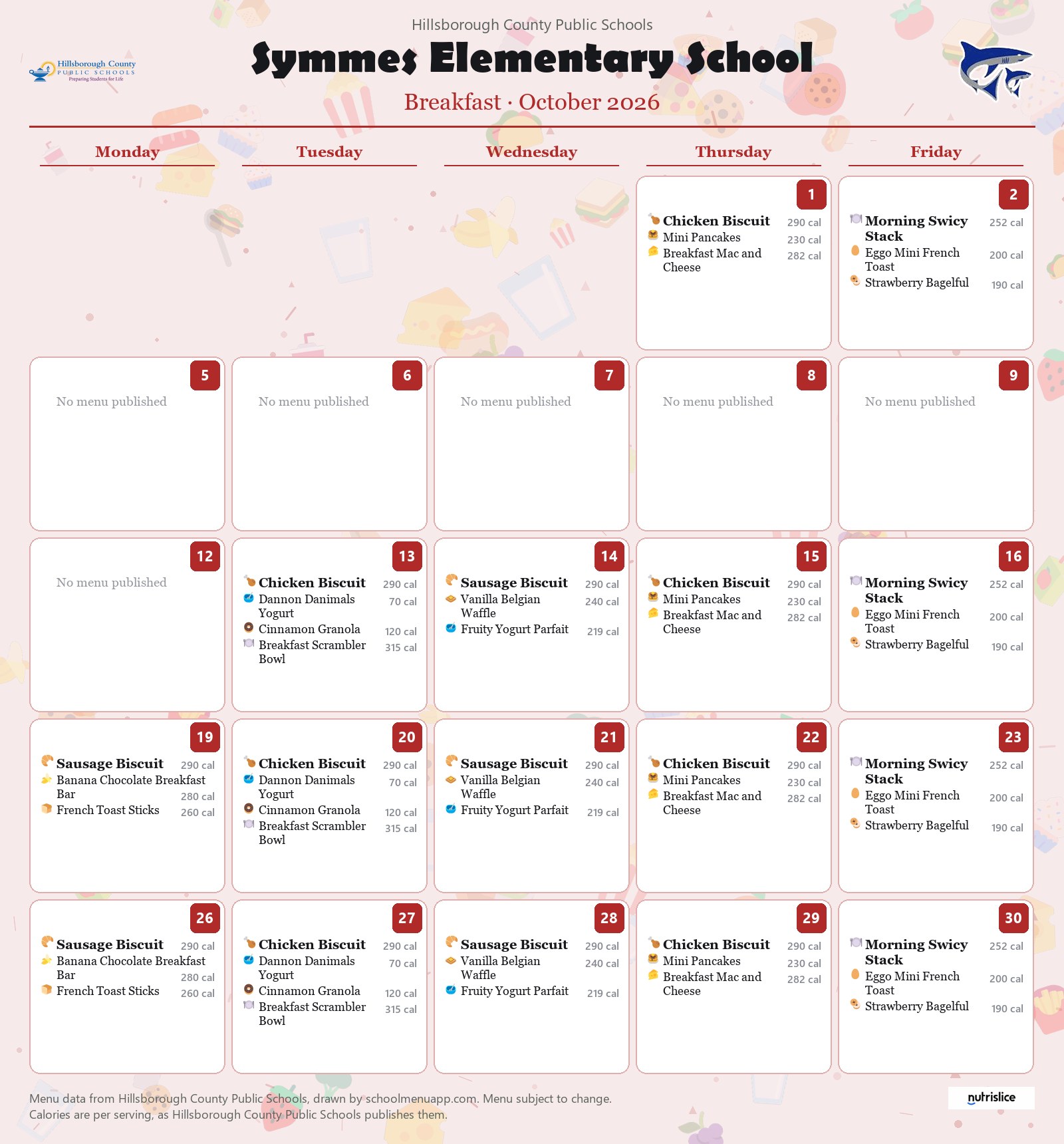 Symmes Elementary School breakfast menu for October 2026 &mdash; Hillsborough County Public Schools